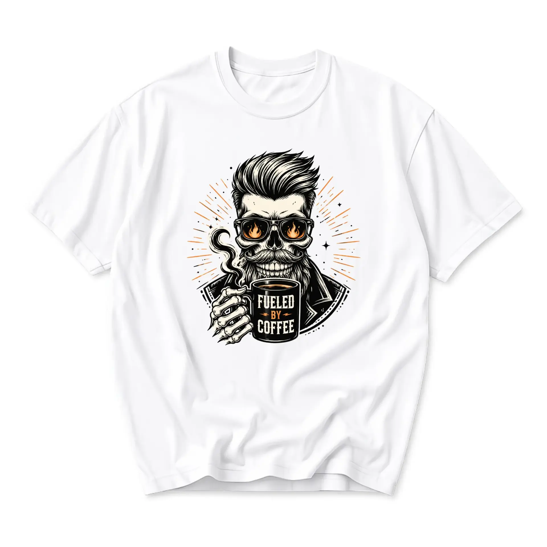Graphic Tee Fueled by Coffee Skeleton T-Shirt Unisex Crew Neck Casual Everyday Top for Coffee Lovers and Caffeine Fans