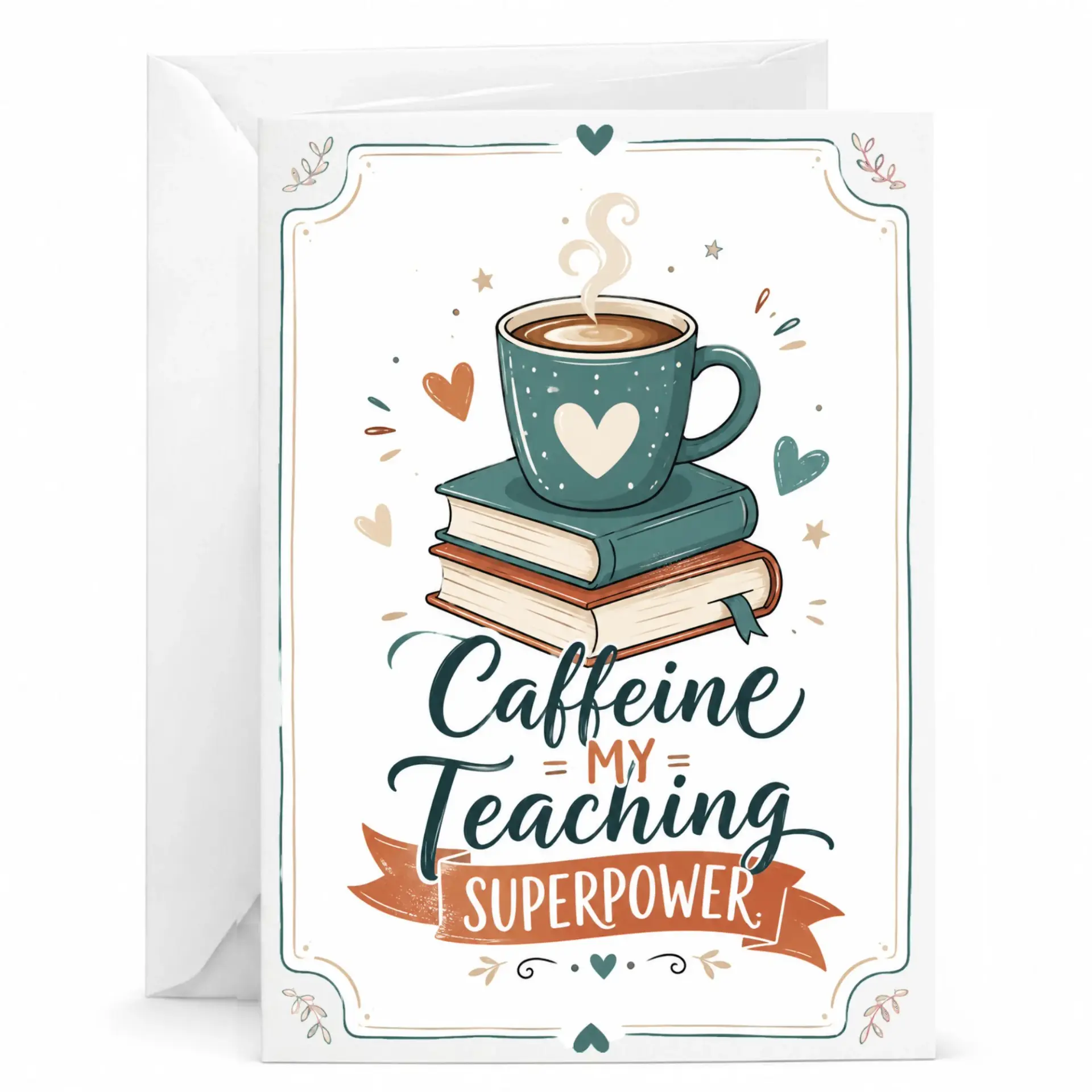 Funny Caffeine Teaching Superpower Greeting Card for Professionals Whimsical Book and Coffee Mug Illustrated Stationery