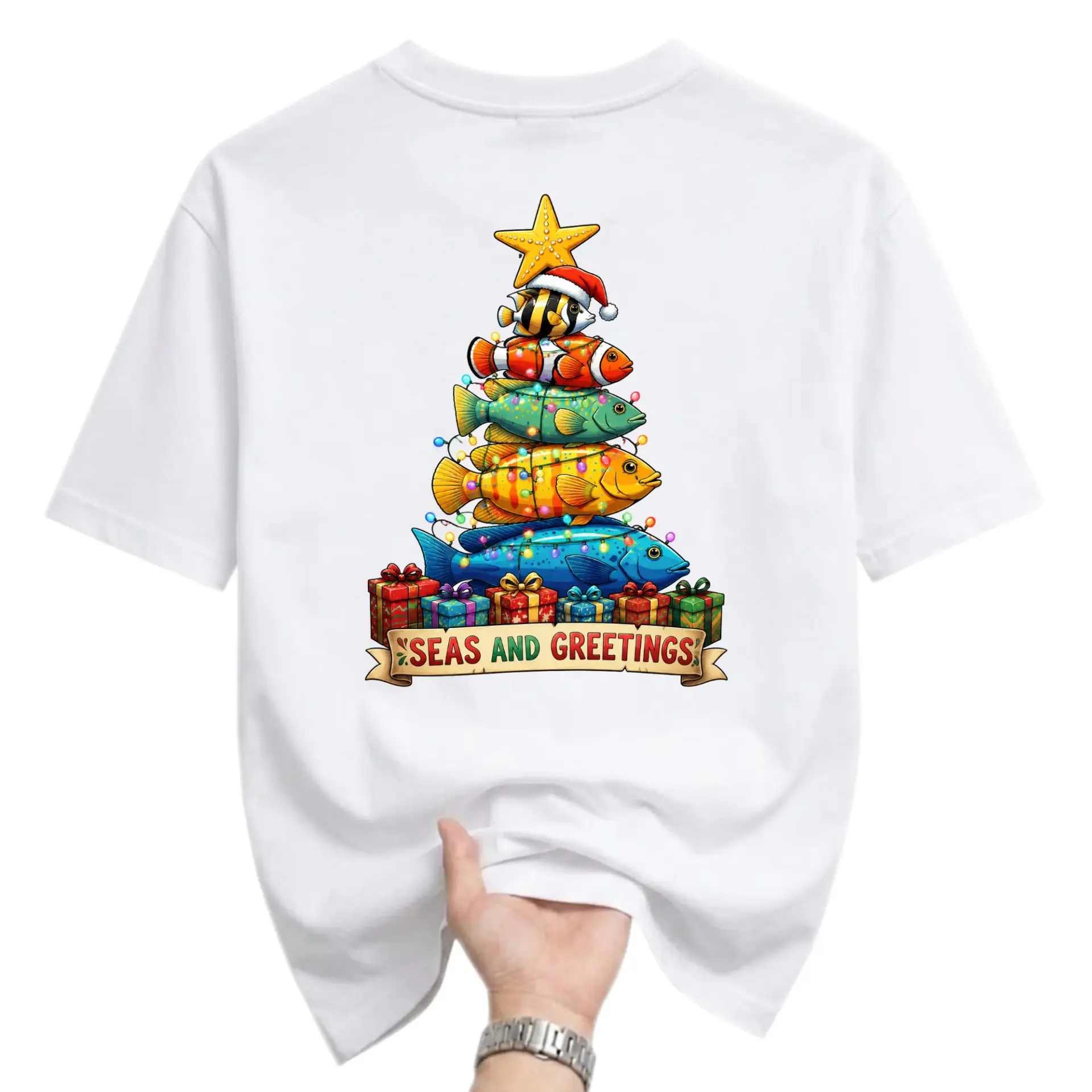 Funny Shirt Seas and Greetings Graphic Tee Tropical Christmas Tree Fish