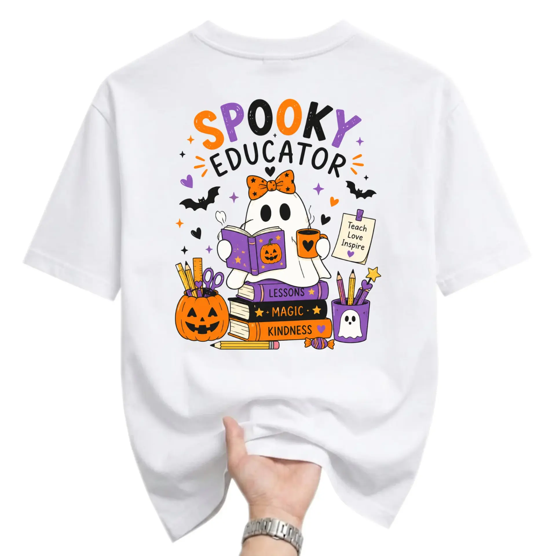 Graphic Tee Spooky Educator Ghost Reading Book Fall Season Unisex Crew Neck Casual Everyday Short Sleeve Cotton Shirt