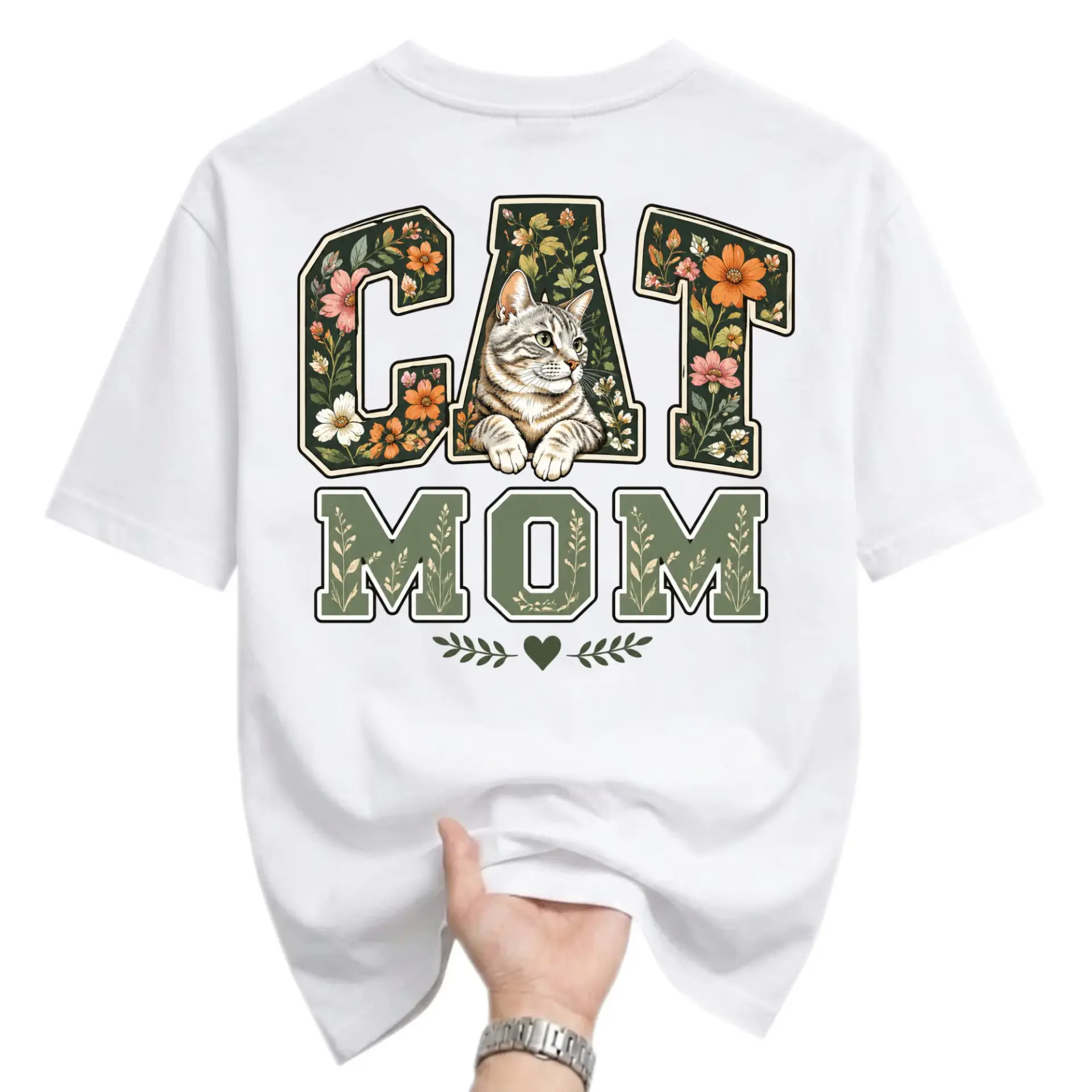 Graphic Tee Cat Mom Shirt Floral Botanical Lettering Design Casual Cotton
