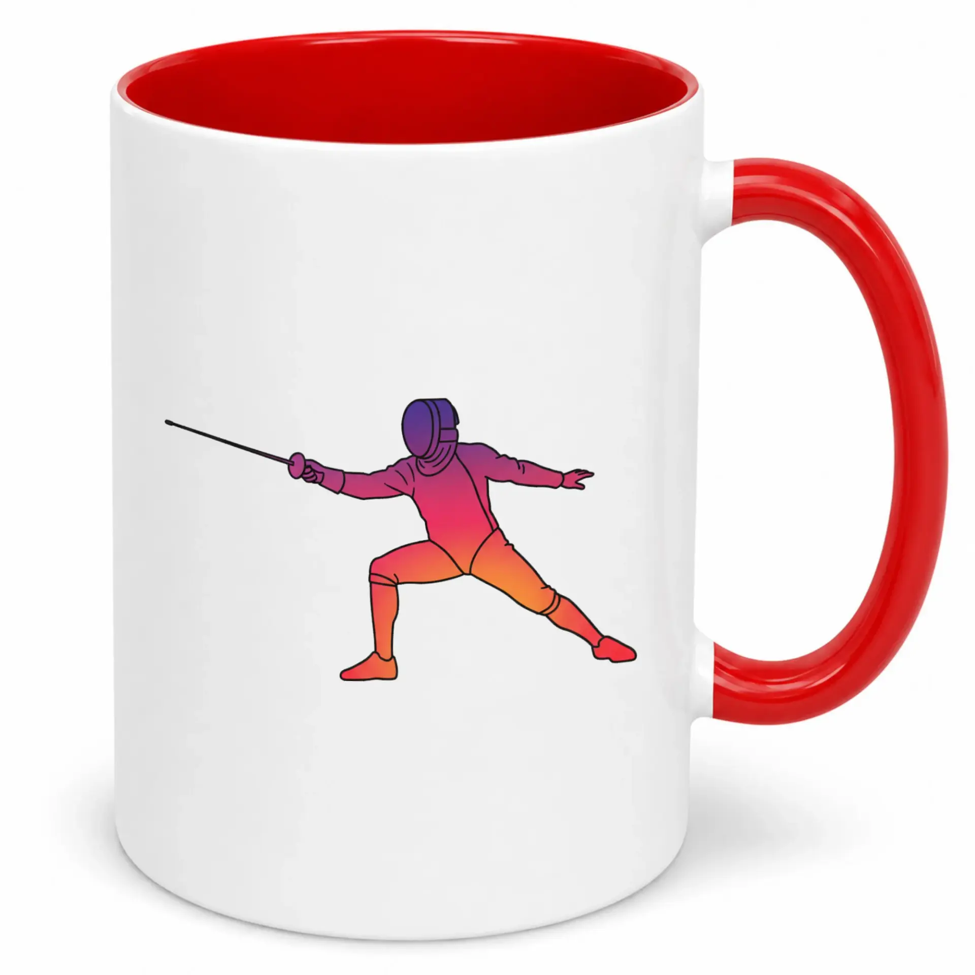 Fencing Sports Ceramic Coffee Mug with Gradient Fencer Design and Red Interior Handle 11oz or 15oz Beverage Cup for Enthusiasts