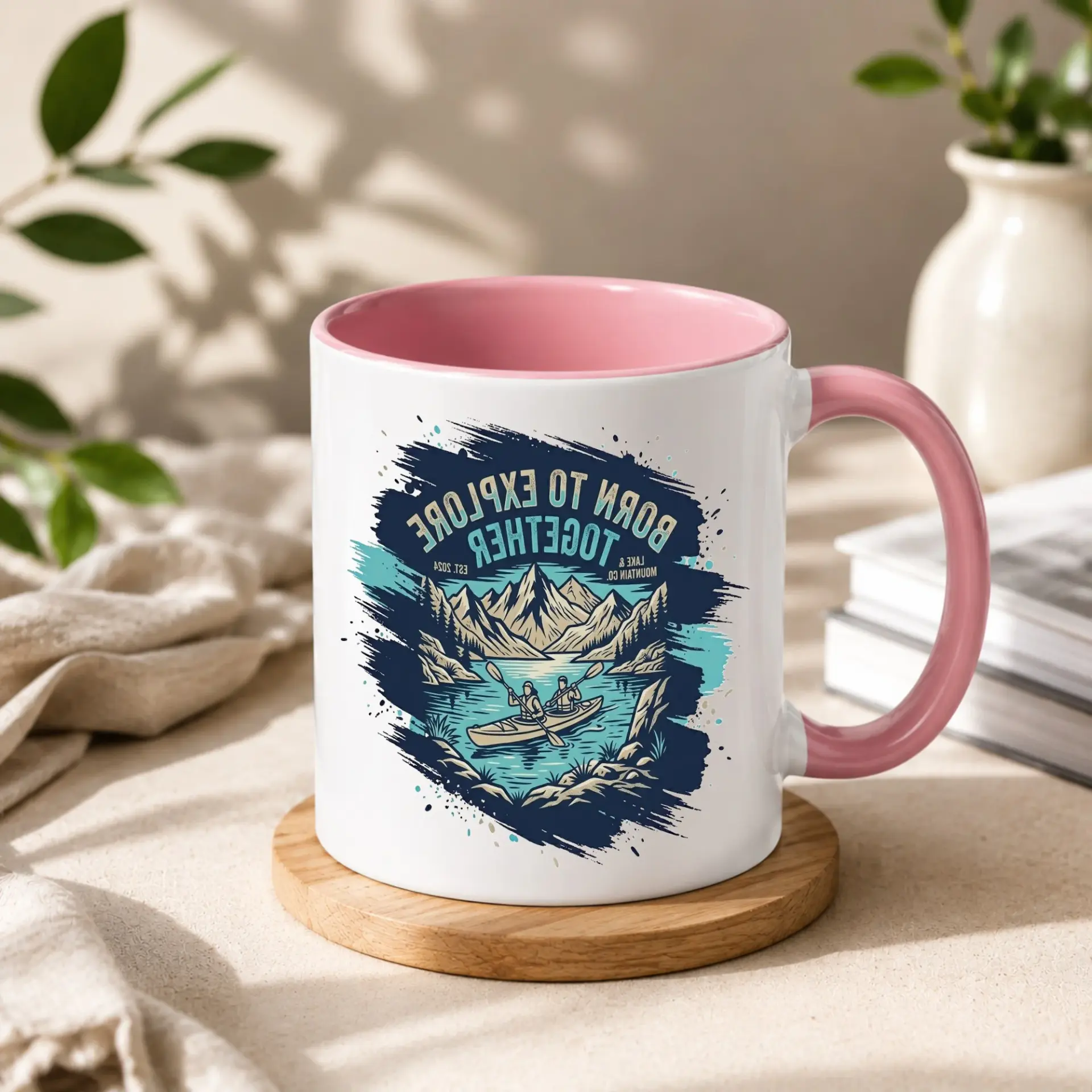 Adventurous Kayaking Themed Ceramic Coffee Mug Featuring Mountain Lake Scenery and Nature Inspired Graphic Design