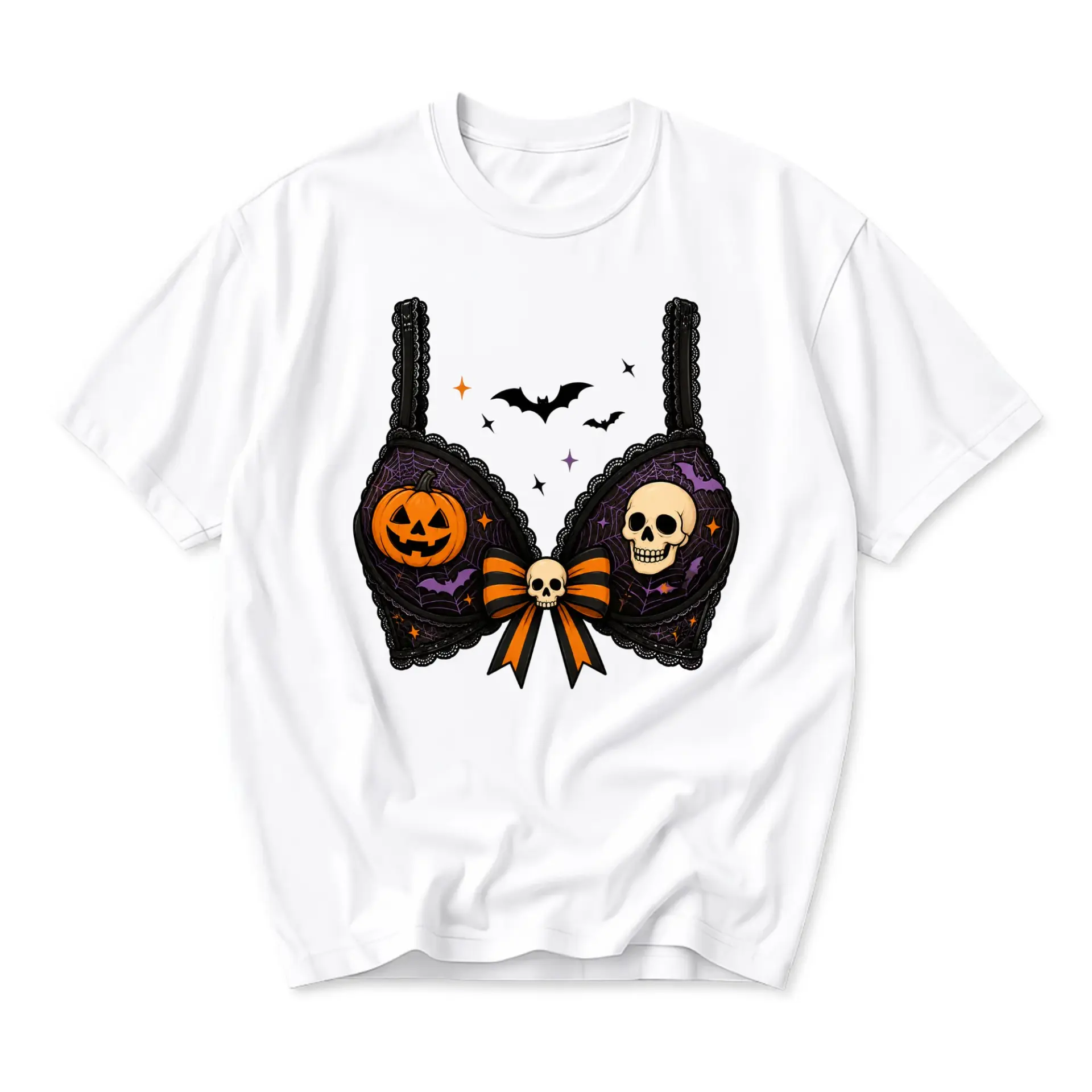 Graphic Tee Halloween Spooky Bra Print Unisex Crew Neck Cotton Casual Short Sleeve Shirt for Everyday Wear