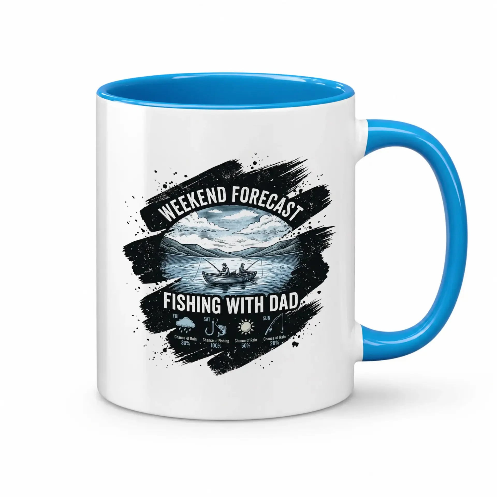 Fishing Theme Coffee Mug Forecast Design Ceramic Cup with Blue Handle for Hot and Cold Beverage Enthusiasts