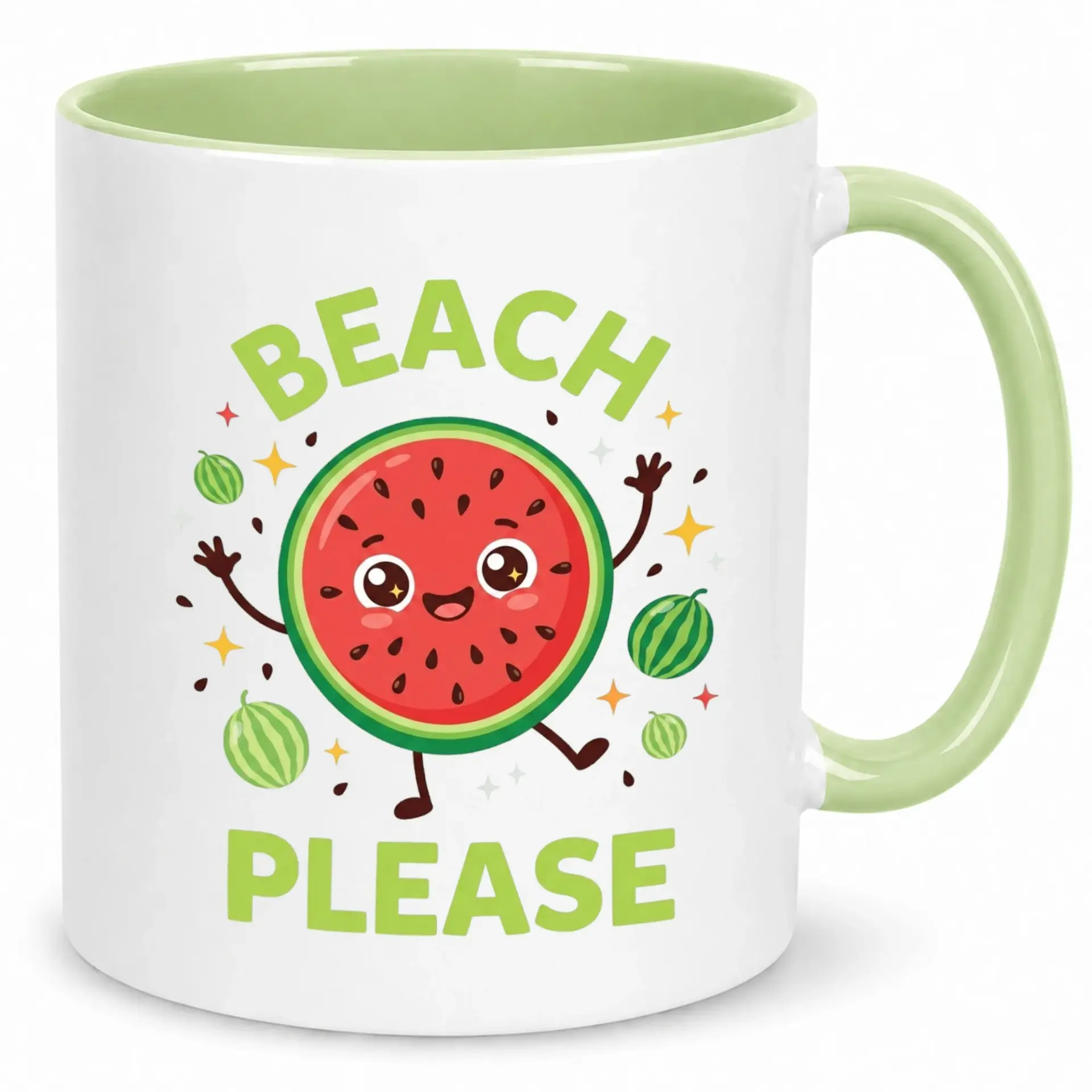Funny Beach Please Watermelon Coffee Mug | Summer Fruit Drinkware for Vacation Lovers | Humorous Green Accent Ceramic Tea Cup Gift