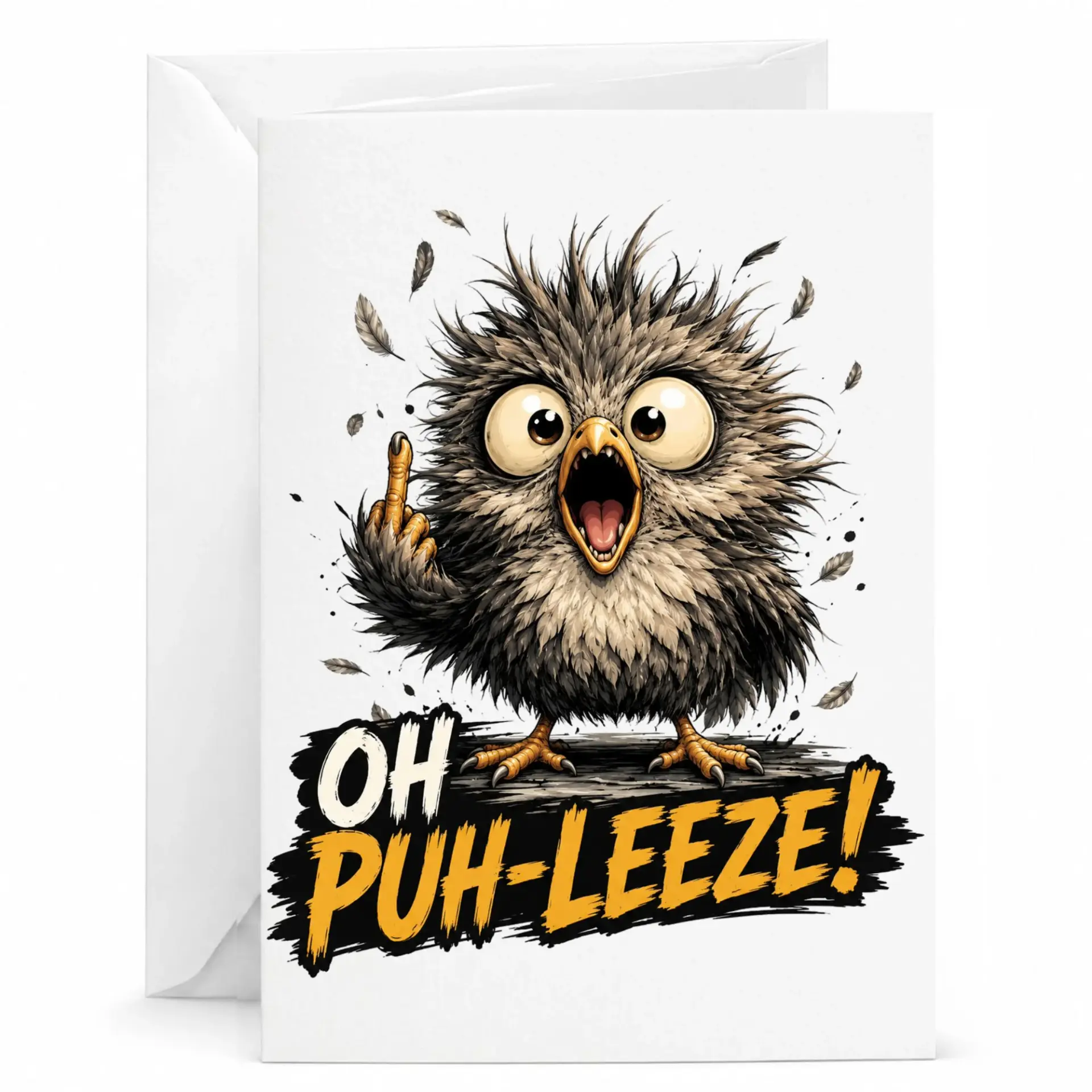 Funny Greeting Card Oh Puh-Leeze Sarcastic Bird Illustration with Middle Finger Gesture for Friends and Colleagues