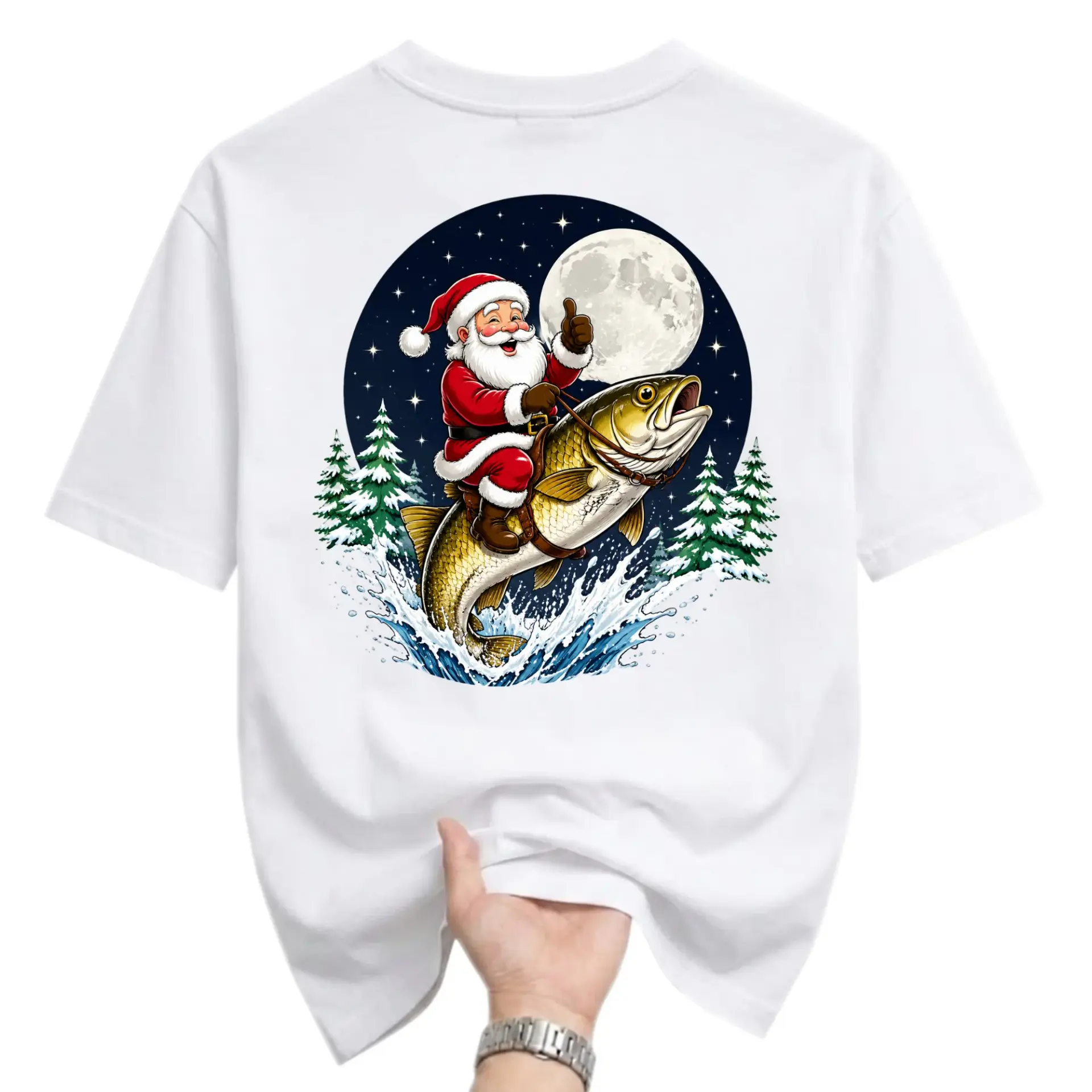 Graphic Tee Unisex Santa Claus Fishing Fish Funny Holiday Shirt Comfortable Cotton Crew Neck Casual Top for Adults