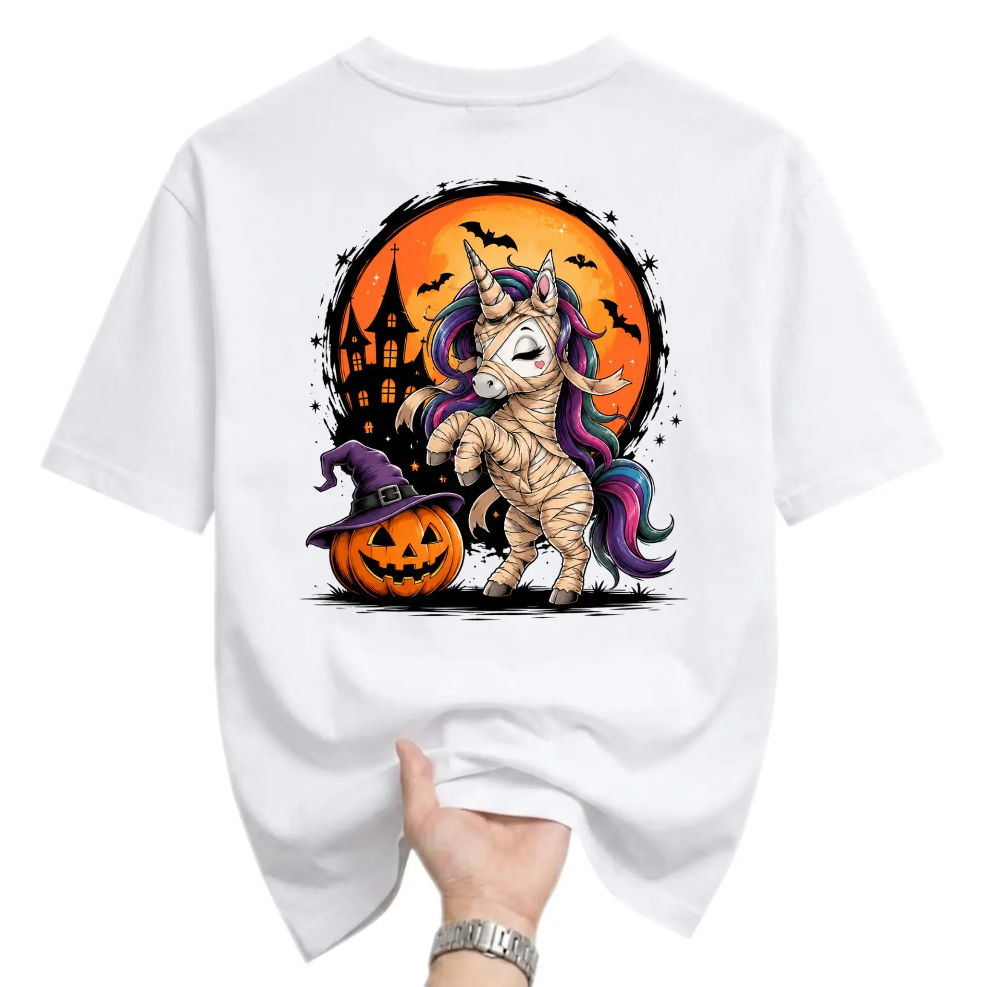 Graphic Tee Unisex Halloween Mummy Unicorn Shirt Spooky Pumpkin Theme Short Sleeve Casual Crew Neck Apparel White