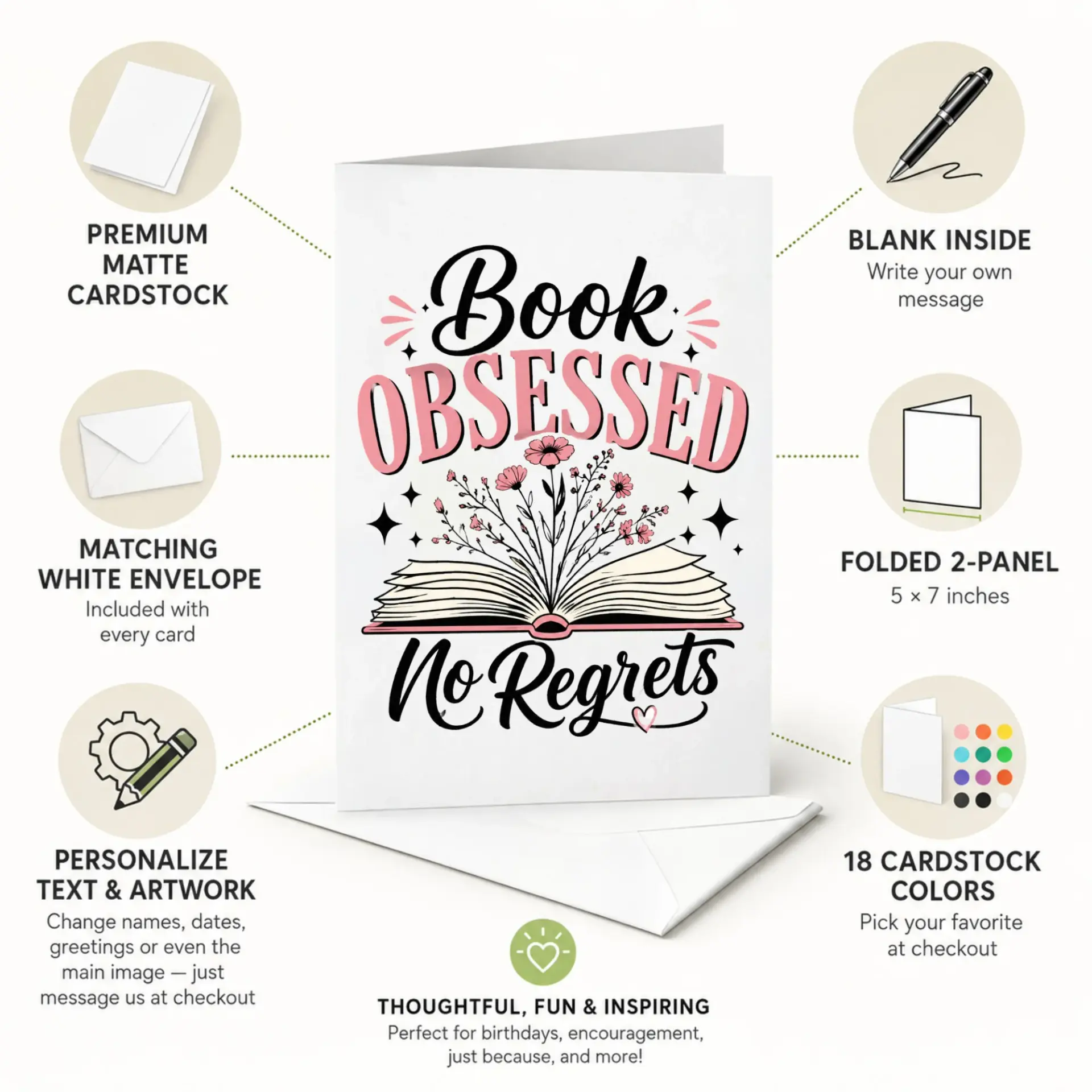 Funny Book Obsessed Greeting Card for Book Lovers Featuring Floral Open Book Illustration and Handwritten Script