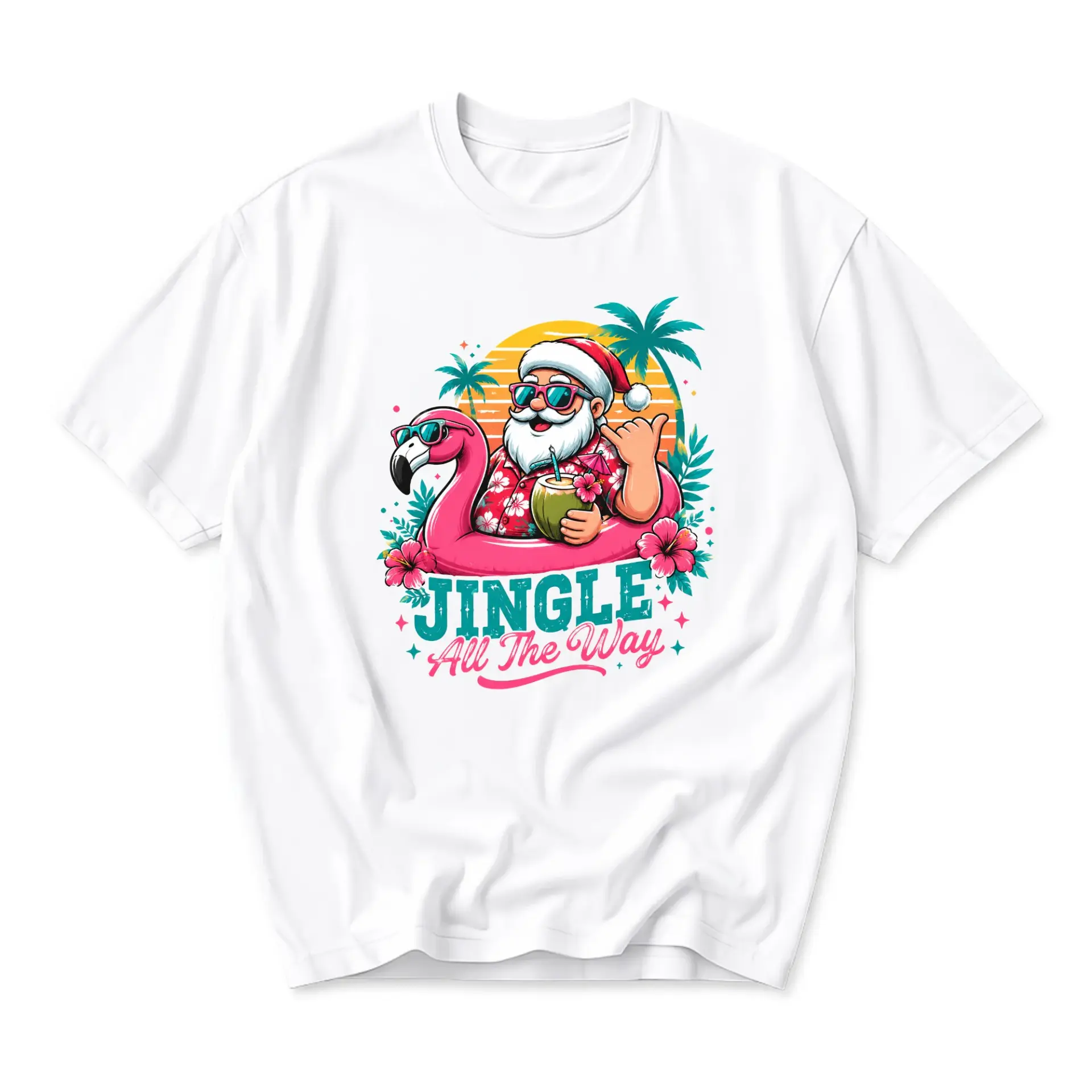 Funny Shirt Tropical Santa Claus Graphic Tee Summer Winter Holiday Unisex Crew Neck Casual Cotton Blend Soft Top Apparel