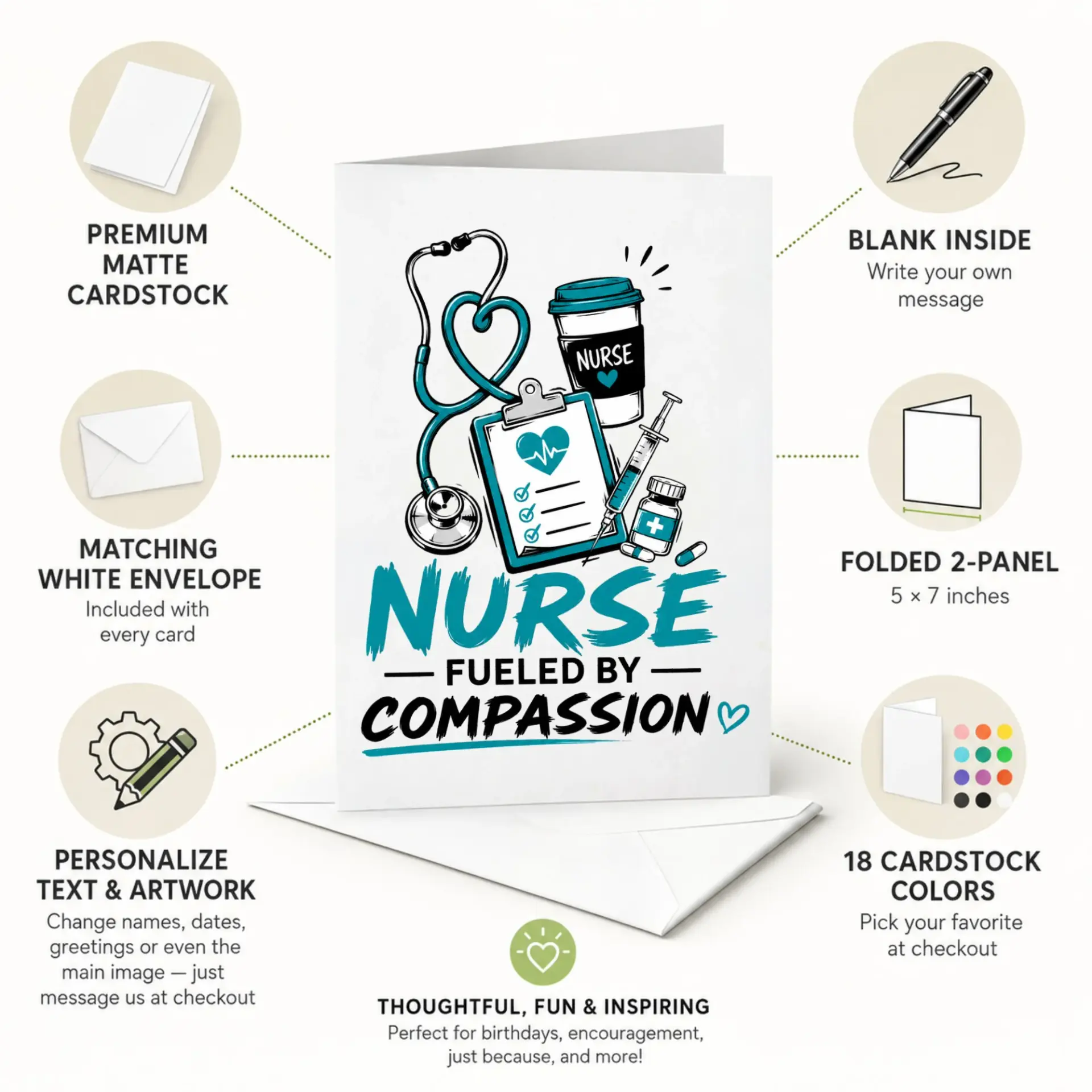 Greeting Card for Nurse Fueled by Compassion Medical Professional Appreciation Healthcare Worker Gift Stationery