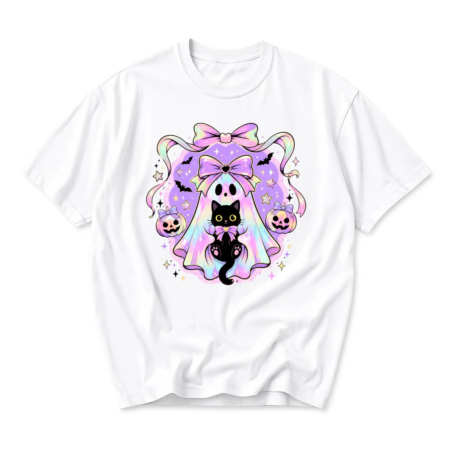 Graphic Tee Ghost Cat Illustration Shirt Pastel Gothic Style Apparel Cute Kawaii Aesthetic Unisex Crew Neck Cotton Top