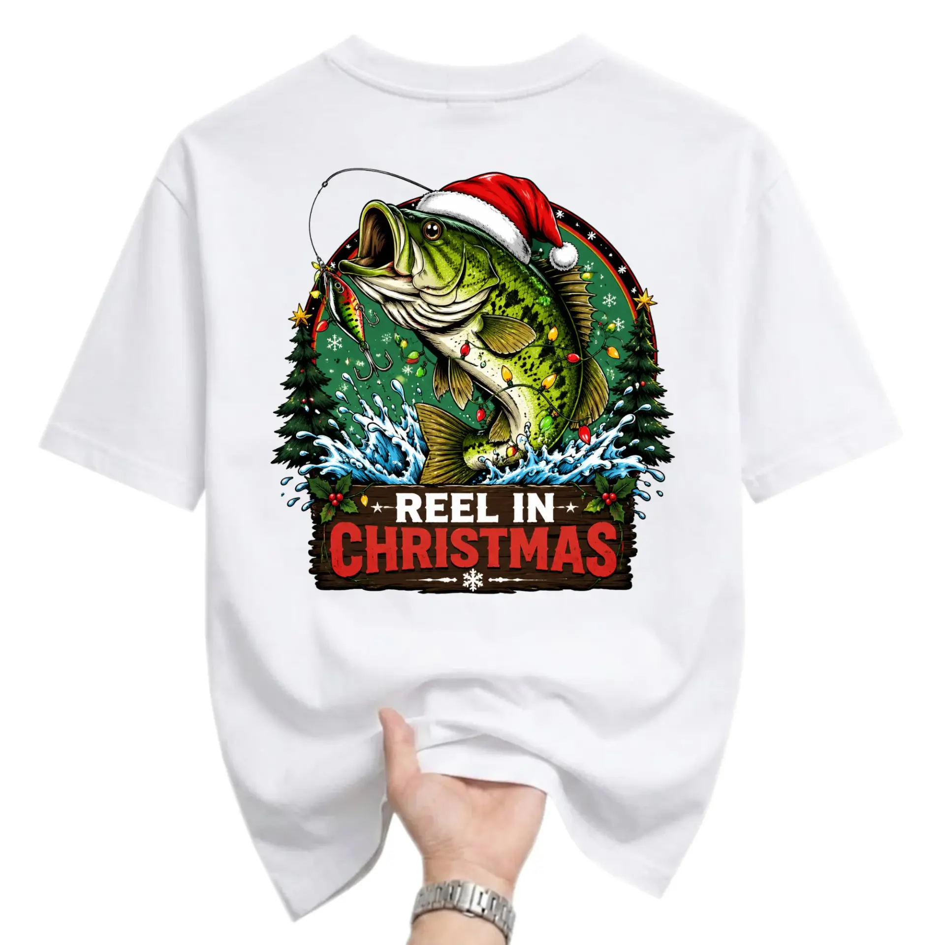 Funny Shirt Reel in Christmas Graphic Tee Fishing Holiday Gift Casual Unisex Cotton Blend Crew Neck Apparel White