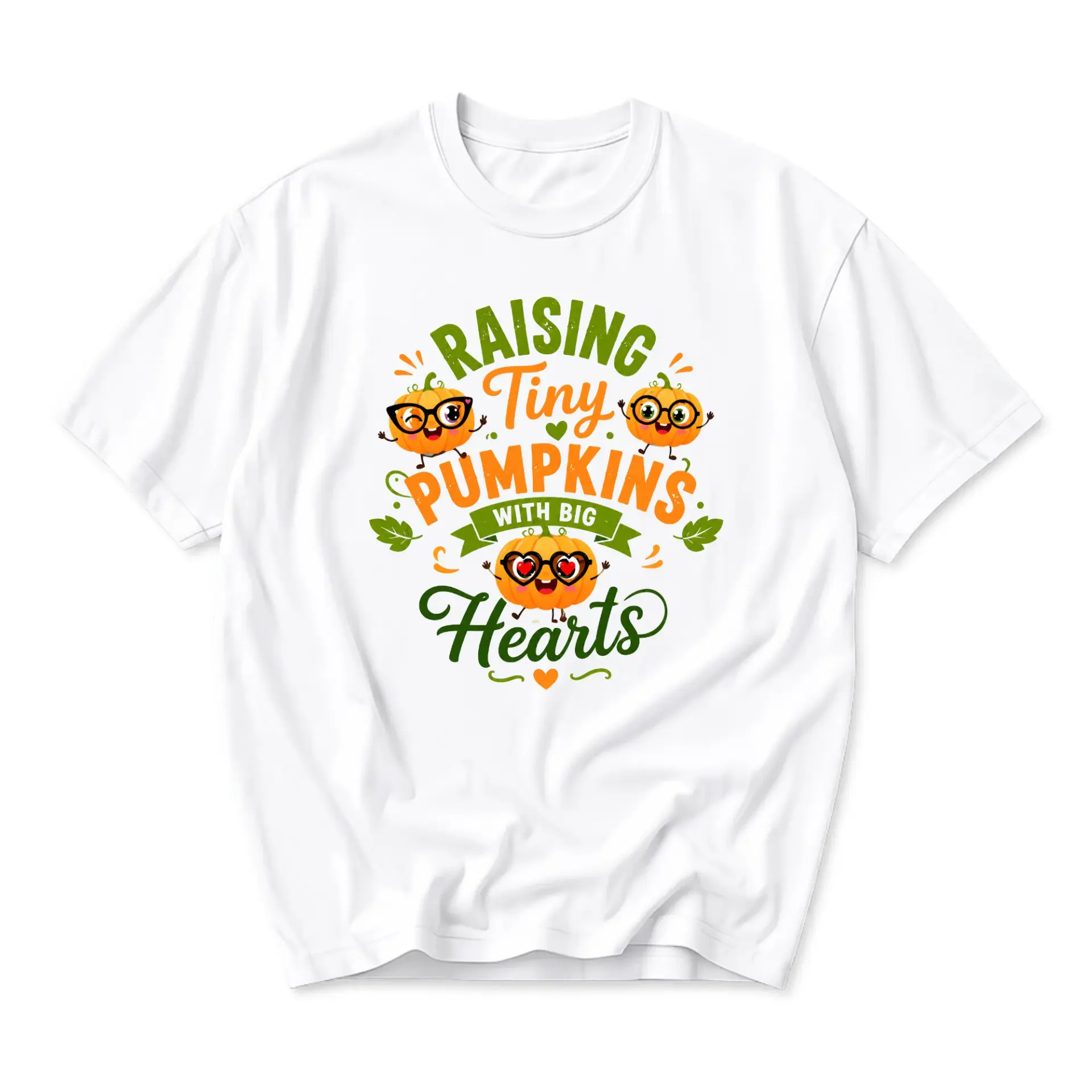 Graphic Tee Raising Tiny Pumpkins with Big Hearts Fall Season Unisex Short Sleeve Cotton Blend Casual Crew Neck Shirt