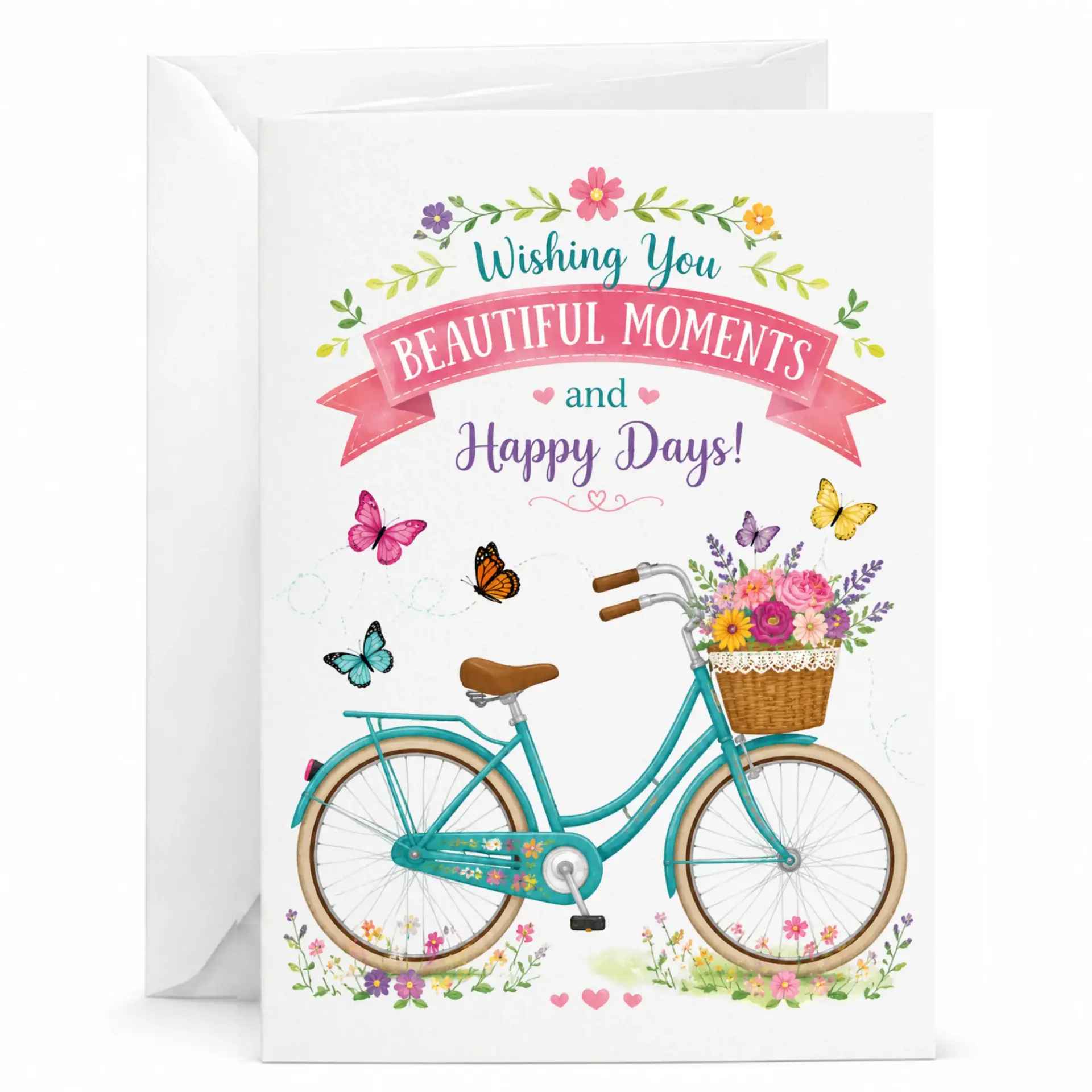 Greeting Card with Bicycle and Floral Basket Design Wishing Beautiful for Special Occasions