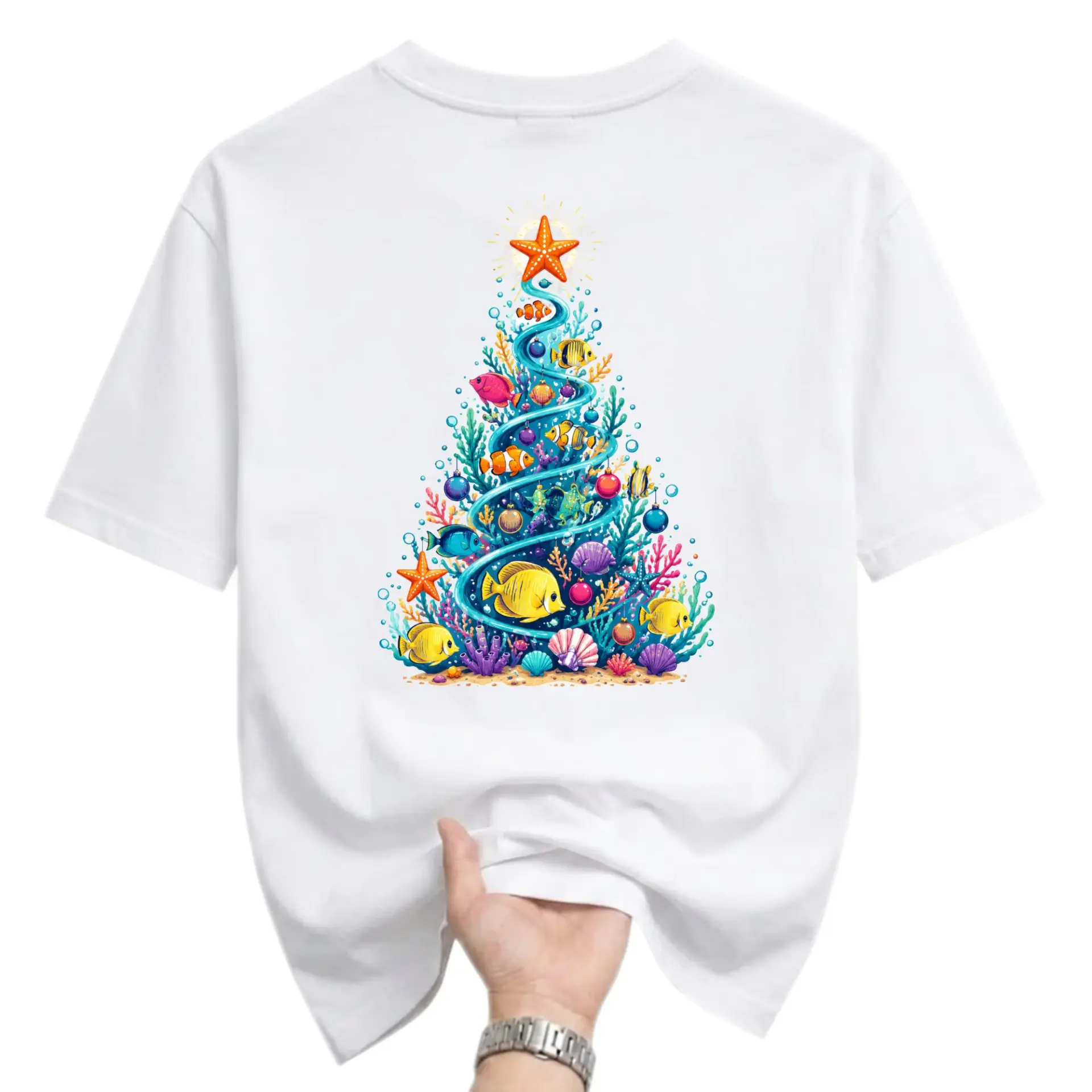 Graphic Tee Tropical Ocean Christmas Tree Art Unisex Cotton Crew Neck Short
