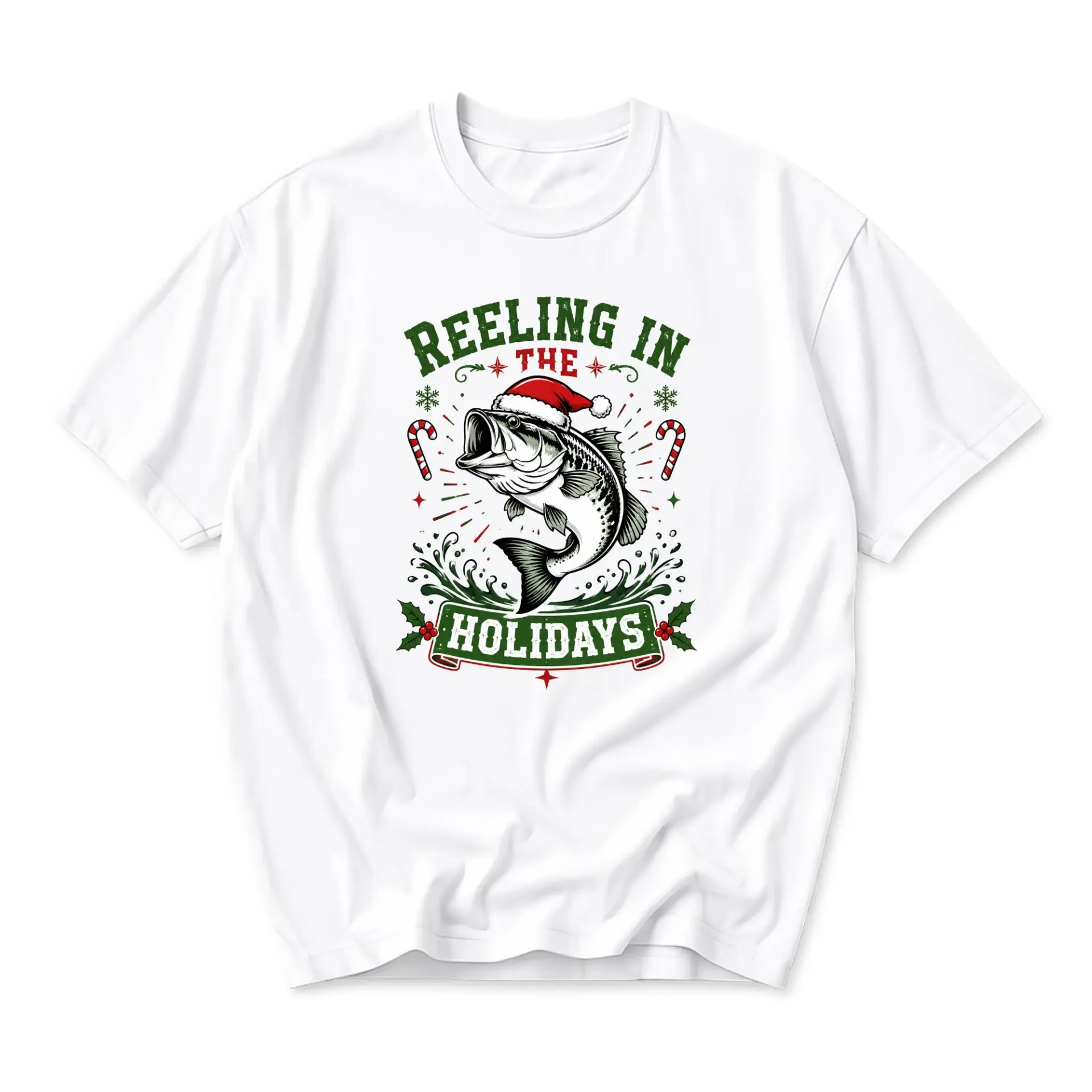 Funny Shirt Reeling in the Holidays Fishing Lover Christmas Graphic Tee