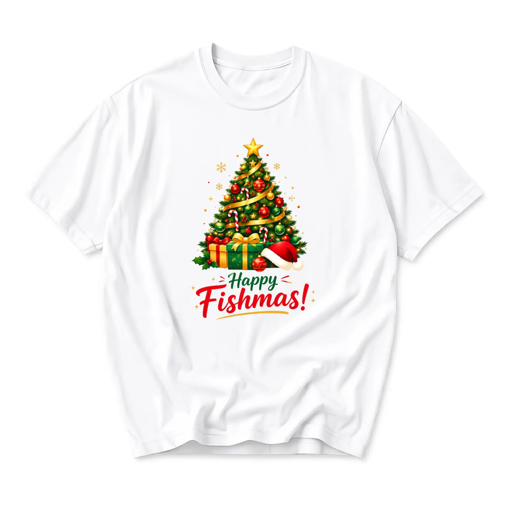 Funny Shirt Happy Fishmas Graphic Tee Holiday Christmas Tree Unisex Crew