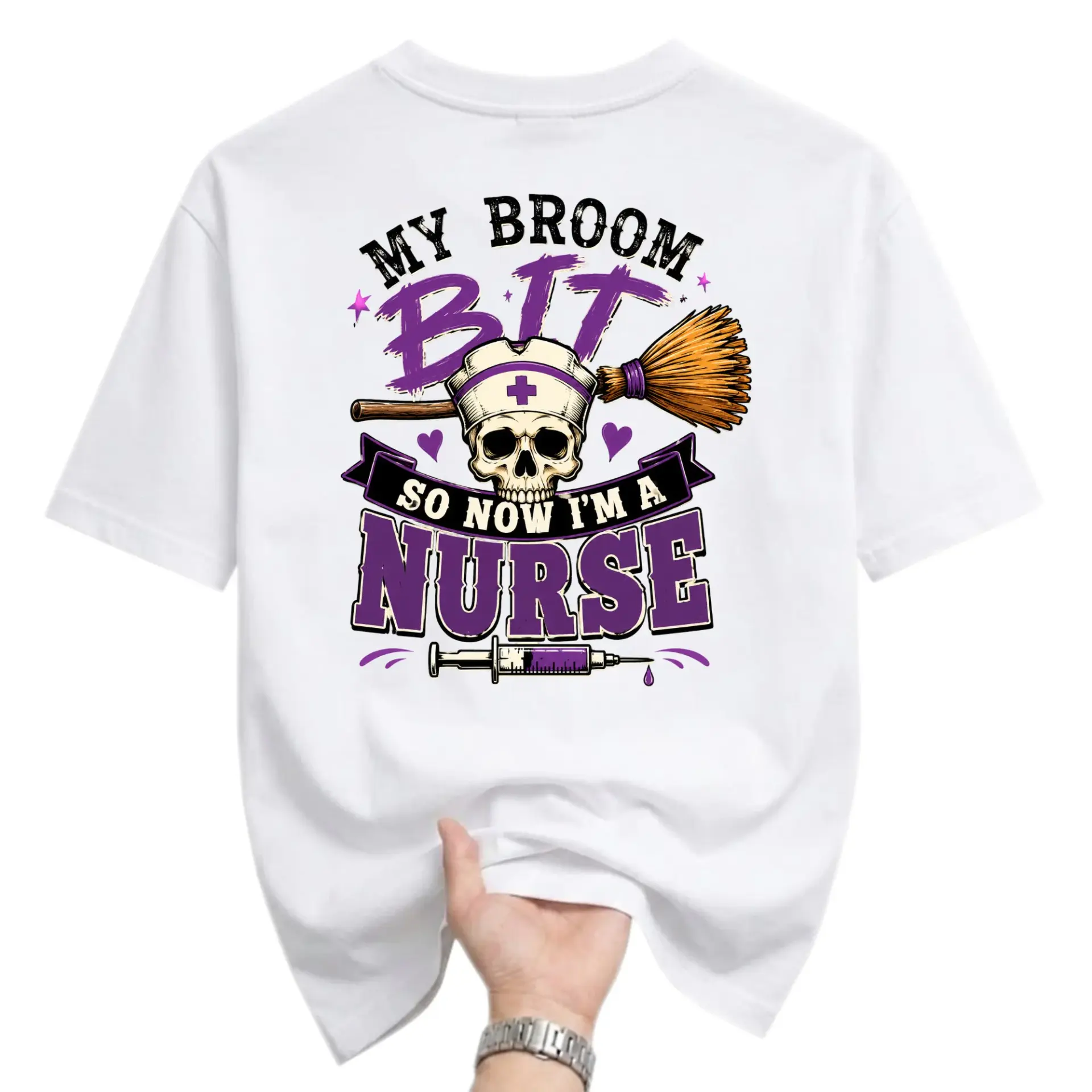 Funny Shirt My Broom Broke so Now I Am a Nurse Graphic Tee Medical Professional Halloween Humor Unisex Crew Neck
