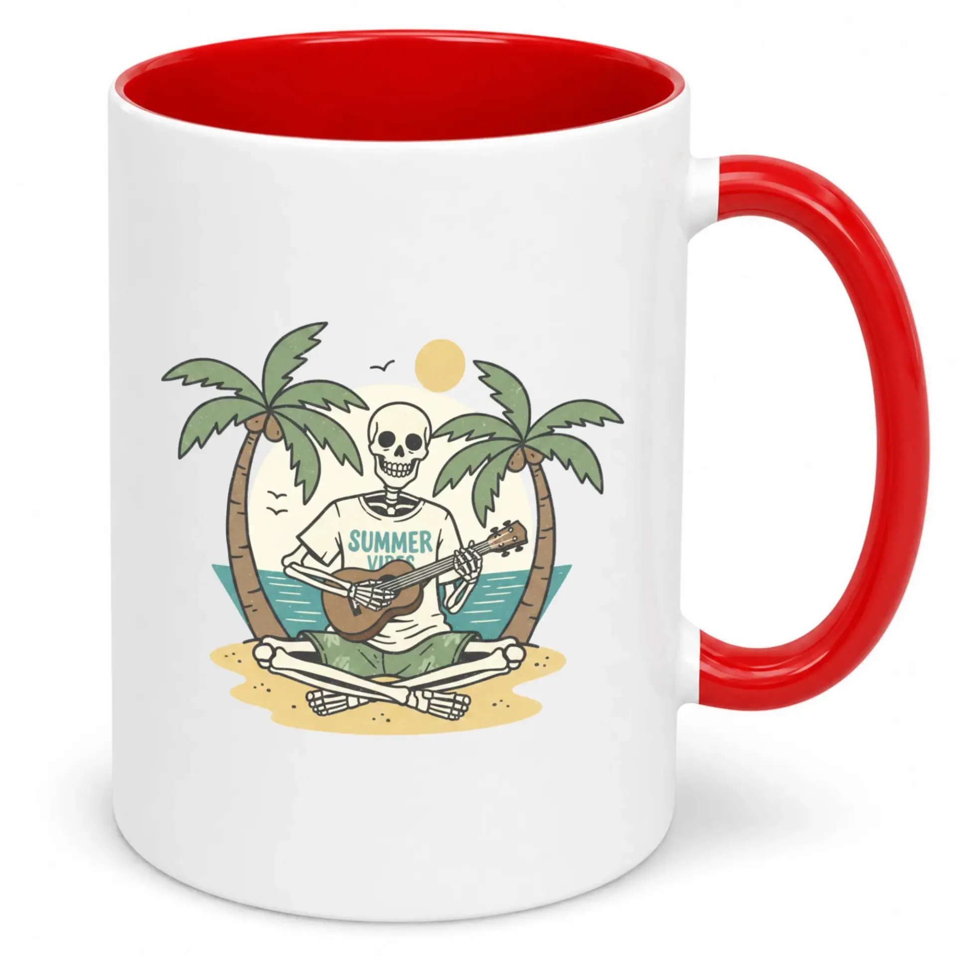 Funny Skeleton Playing Ukulele Coffee Mug, Tropical Beach Summer Vibes Ceramic Drinkware for Home Office or Gift