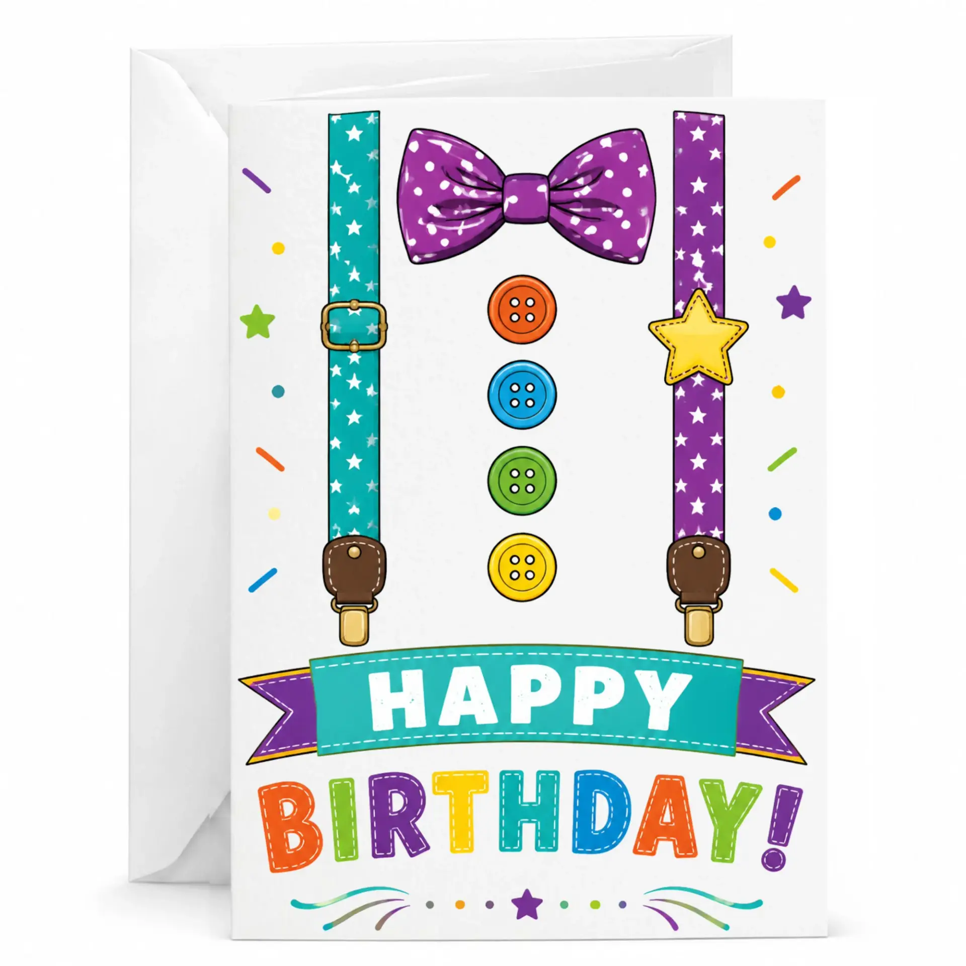 Birthday Card with Bow Tie and Suspenders Design Festive Greeting Colorful Party Stationery