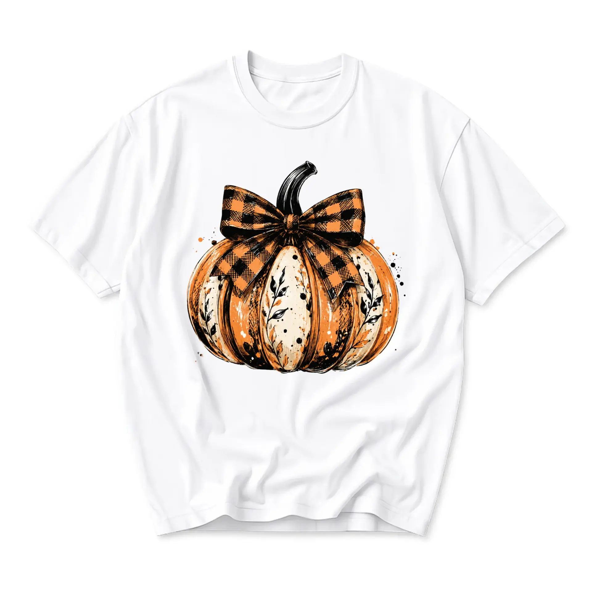 Graphic Tee Pumpkin with Plaid Bow Print Autumn Fall Season Unisex Crew Neck Casual Cotton Blend Soft T-Shirt