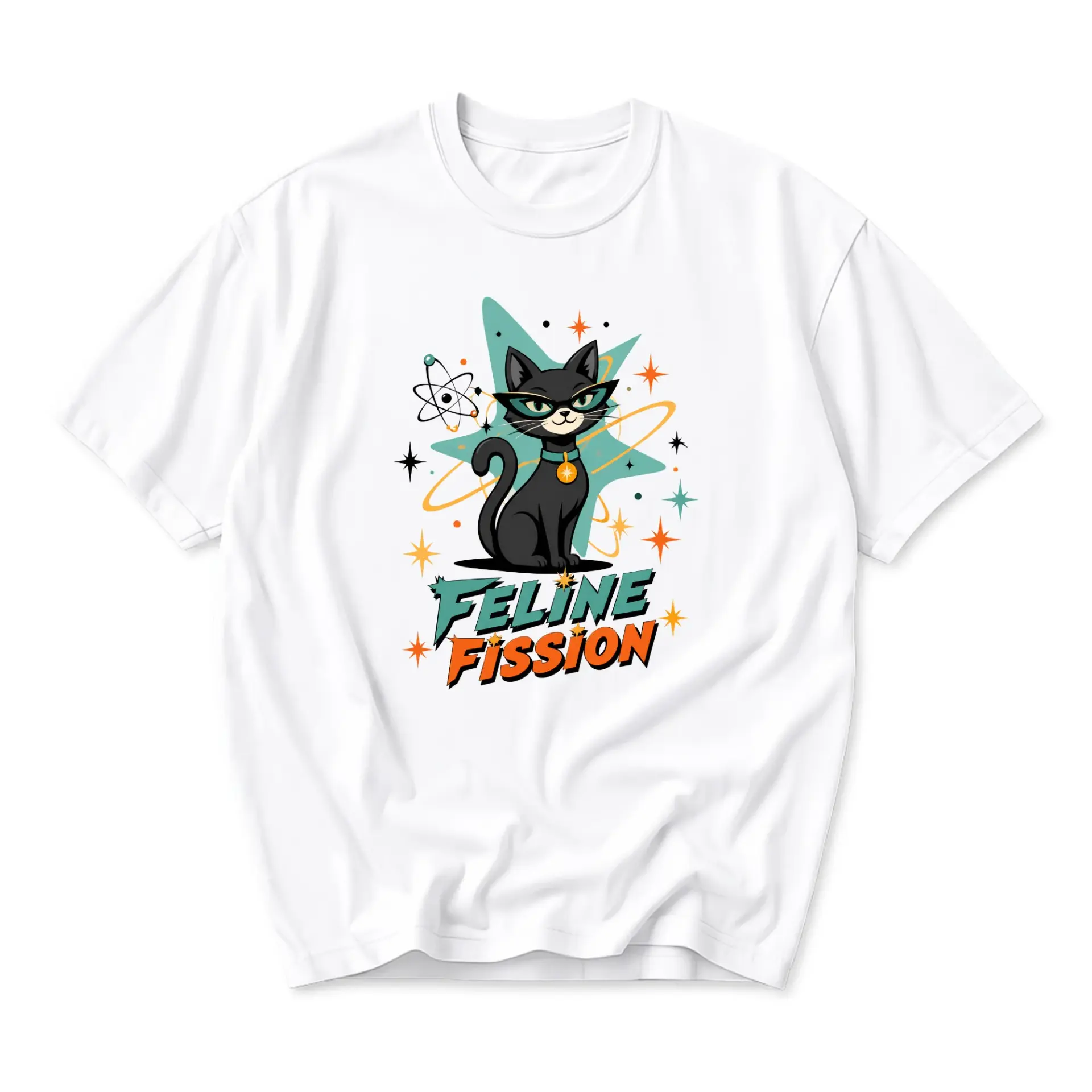 Funny Shirt Feline Fission Science Graphic Tee Cute Retro Space Cat Illustration Unisex Casual Cotton Crew Neck Top