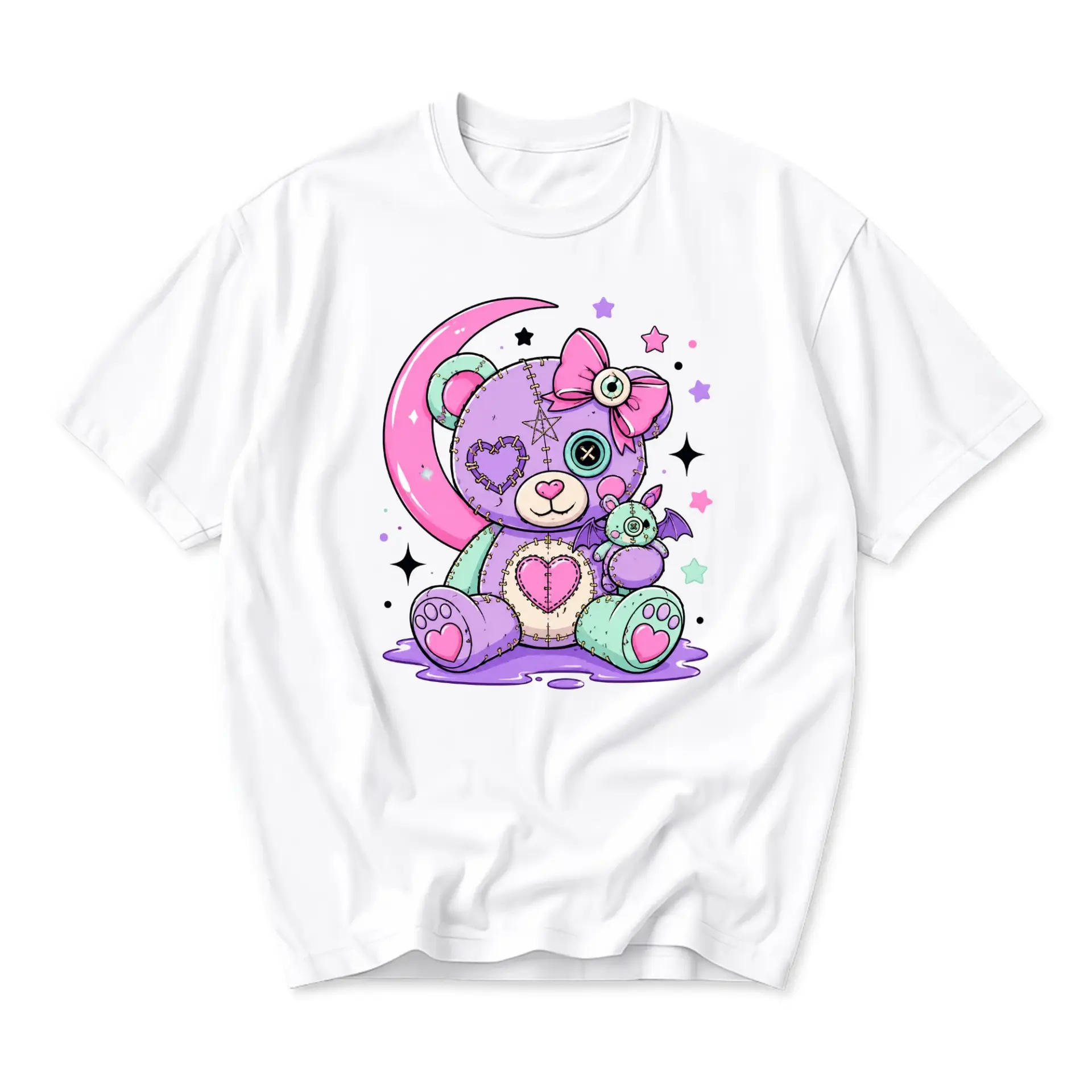 Graphic Tee Unisex Pastel Goth Bear and Moon Print Cotton Blend Soft Crew Neck Short Sleeve Casual Summer Top