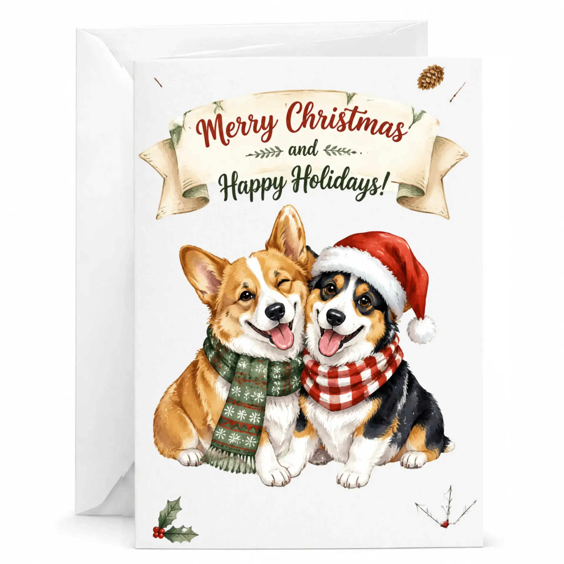 Merry Christmas Greeting Card Featuring Two Cute Corgis with Winter Scarves and Santa Hat Holiday Artwork