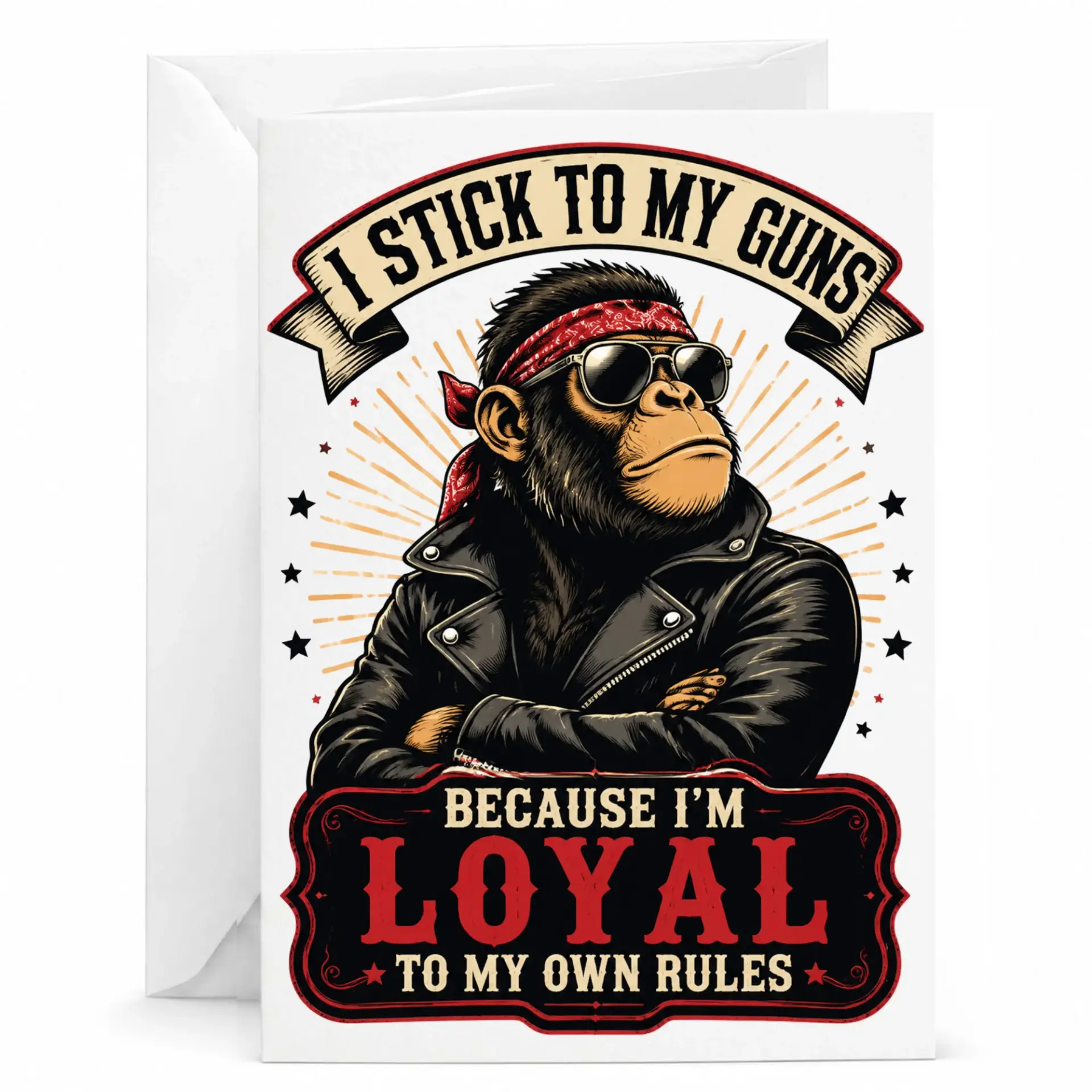Funny Greeting Card I Stick Guns Loyal Own Rules Ape Illustration with Red and Leather Jacket