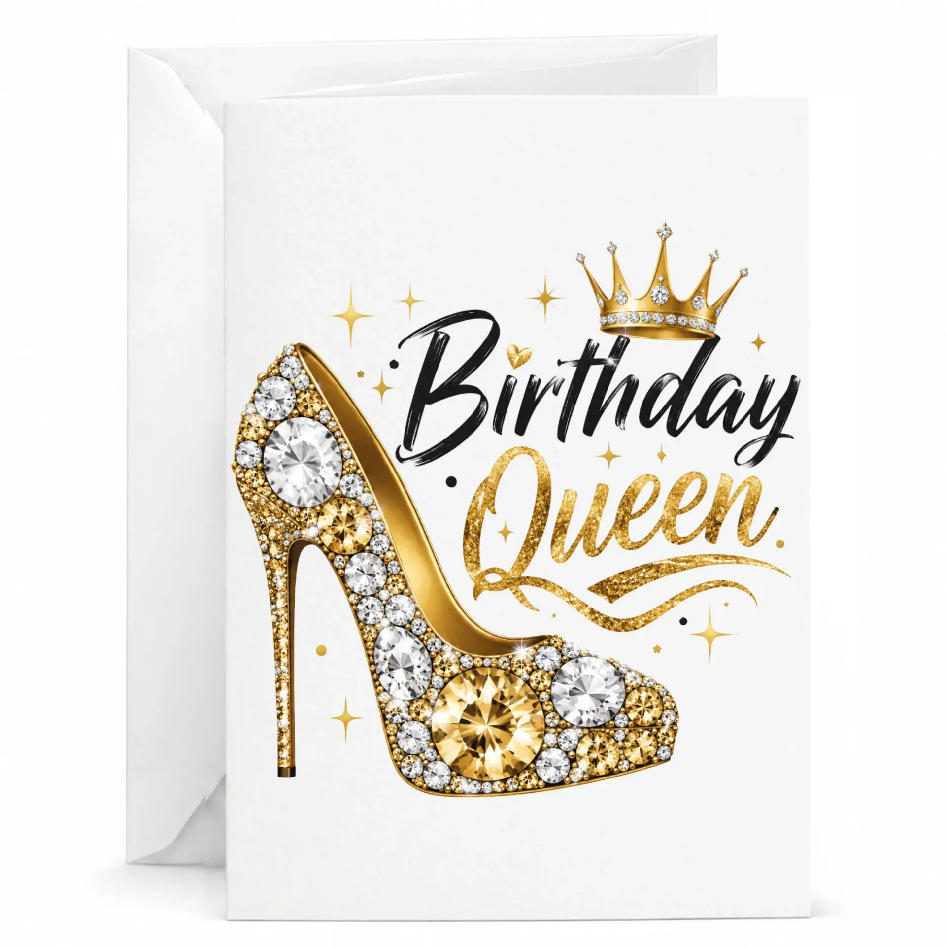 Birthday Queen Greeting Card with Matching Envelope, Elegant Stiletto Shoe and Crown Design, Blank Personal Note Card