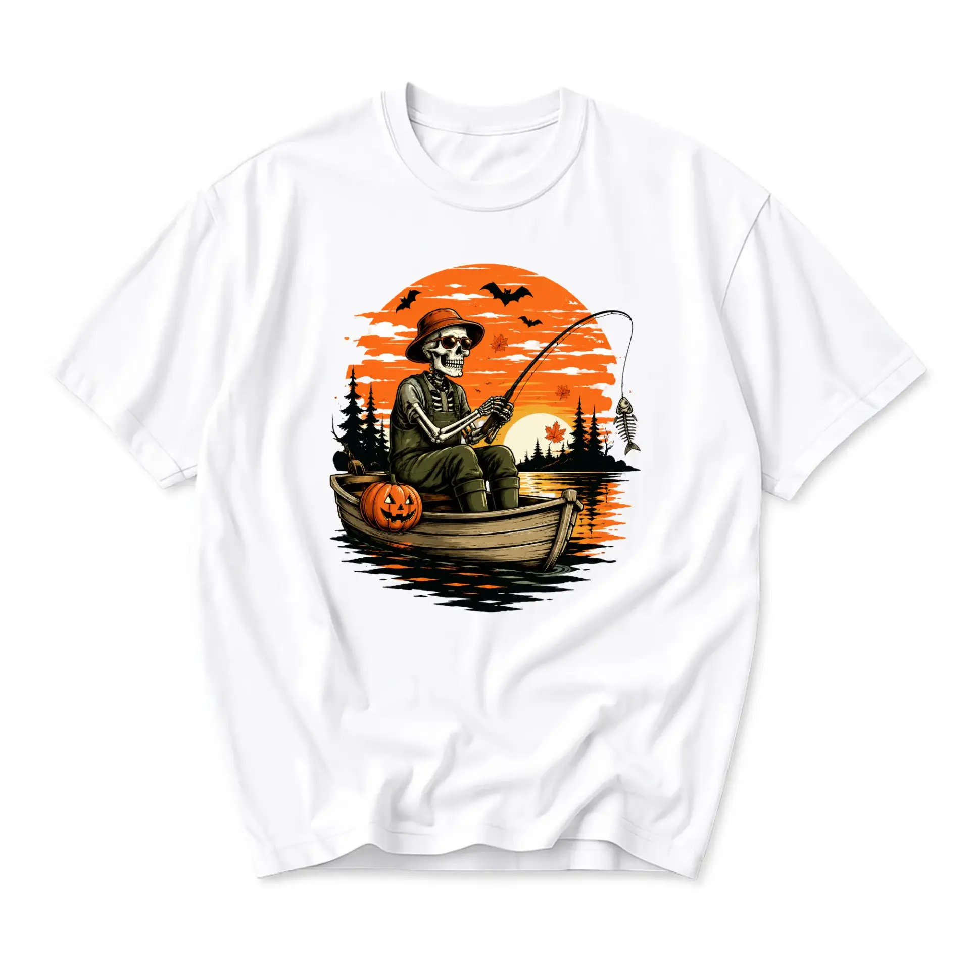 Funny Shirt Skeleton Fishing Pumpkin Boat Graphic Tee Unisex Casual Apparel for Autumn Seasonal Aesthetic Wear