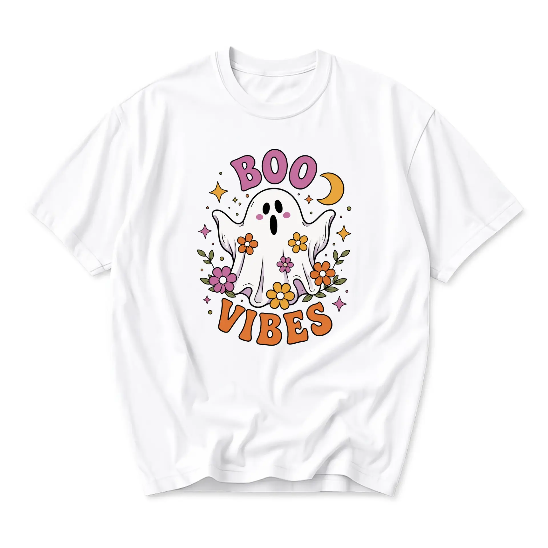 Funny Shirt Boo Vibes Graphic Tee Cute Ghost Illustration Casual Unisex Cotton Blend Crew Neck Short Sleeve Top