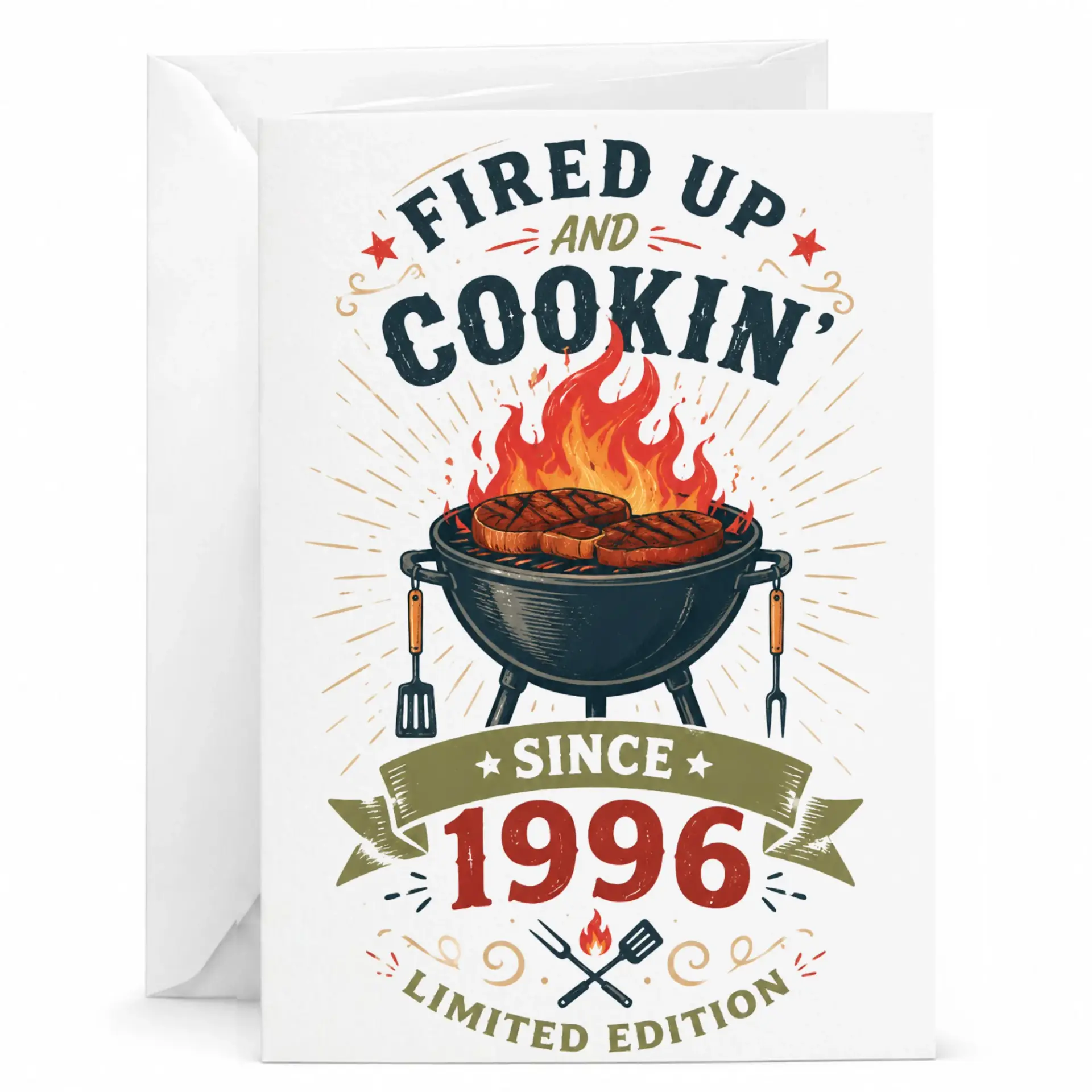 Funny Birthday Greeting Card Fired up and Cookin Since 1996 Bbq Grill Enthusiast Themed Anniversary Stationery