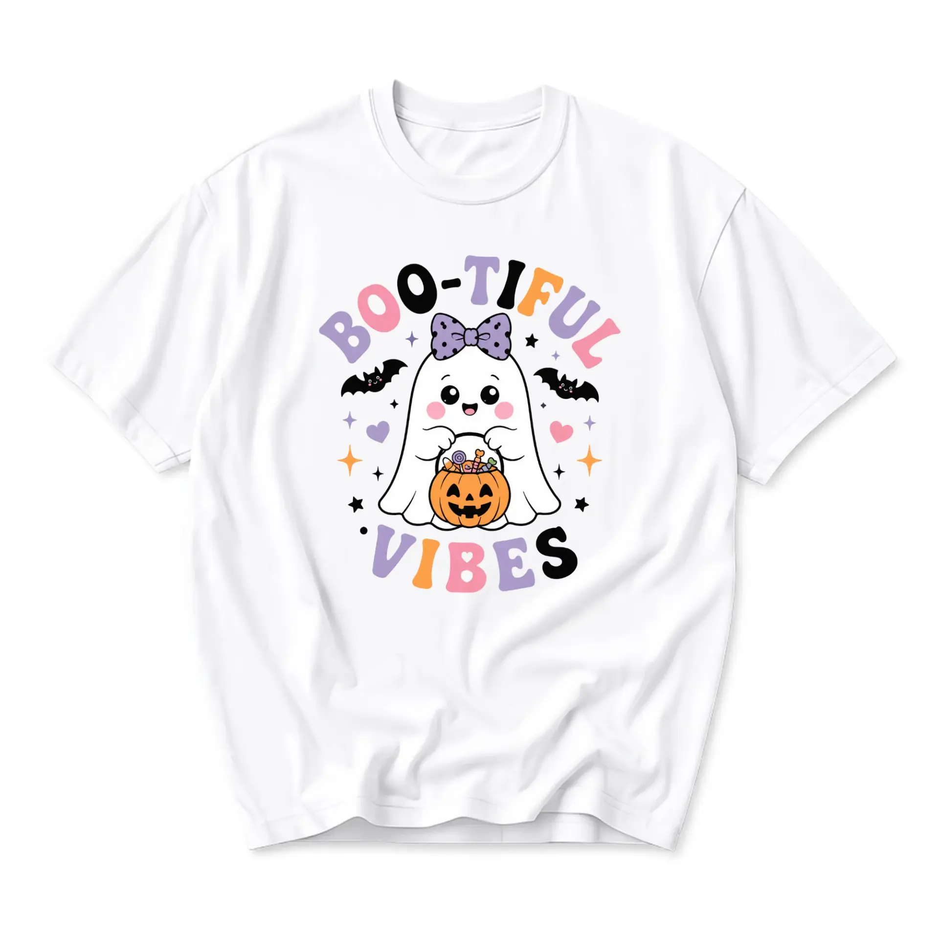 Funny Shirt Boo-Tiful Vibes Graphic Tee Cute Ghost Halloween Apparel Retro Aesthetic Unisex Crew Neck Casual Cotton Top