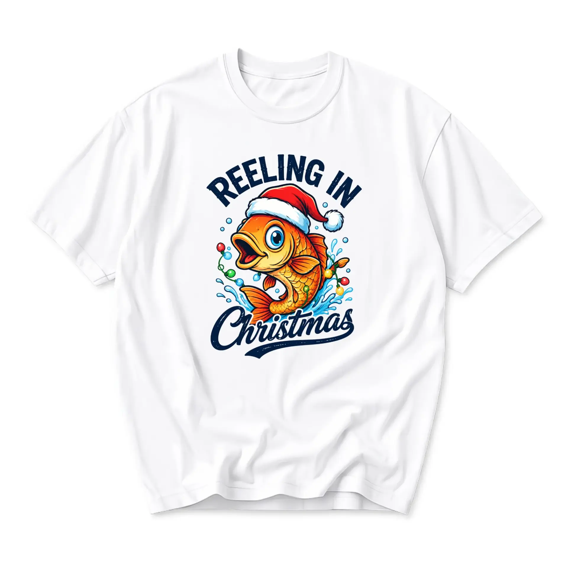 Funny Shirt Reeling in Christmas Graphic Tee Unisex Casual Short Sleeve Crew Neck Cotton Blend Holiday Fishing Apparel