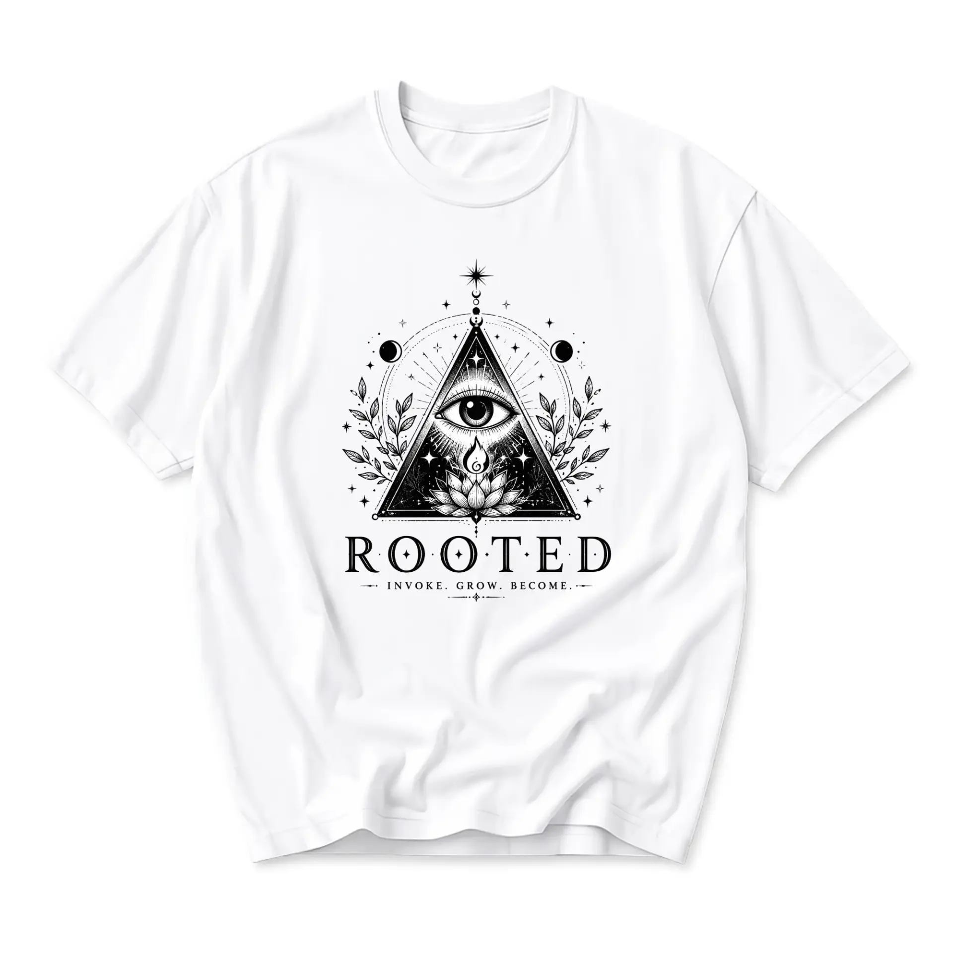 Graphic Tee Rooted Invoke Grow Become Unisex Cotton Shirt Mystical Eye Floral Illustration Casual Crew Neck Top