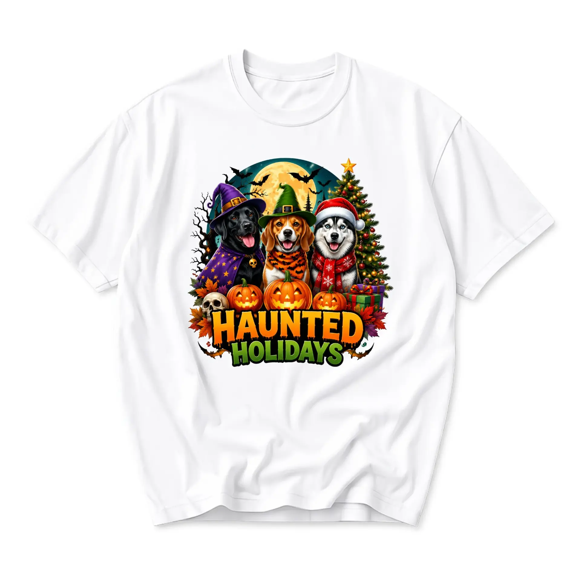 Graphic Tee Haunted Holidays Wearing Witch Hats and Christmas Santa Hat