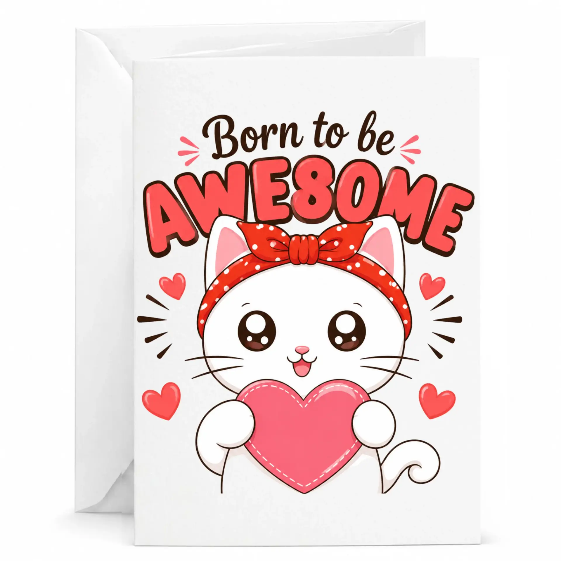 Funny Cat Greeting Card Born to Be Awesome Illustration with Heart Design for Any Occasion and Personal Messages