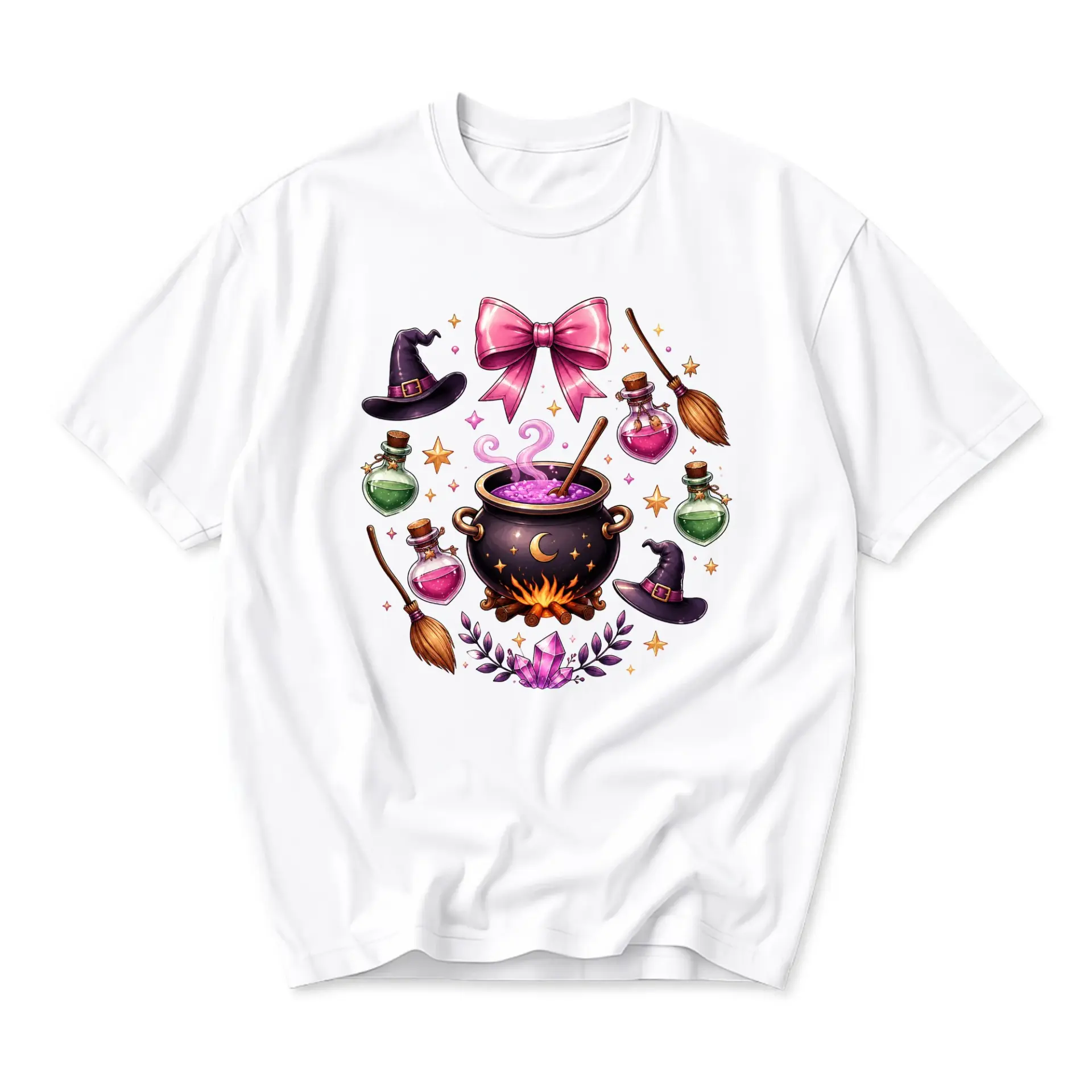Graphic Tee Witchcraft Themed Cauldron Print Unisex Casual Crew Neck T-Shirt Comfortable Everyday Wear Apparel