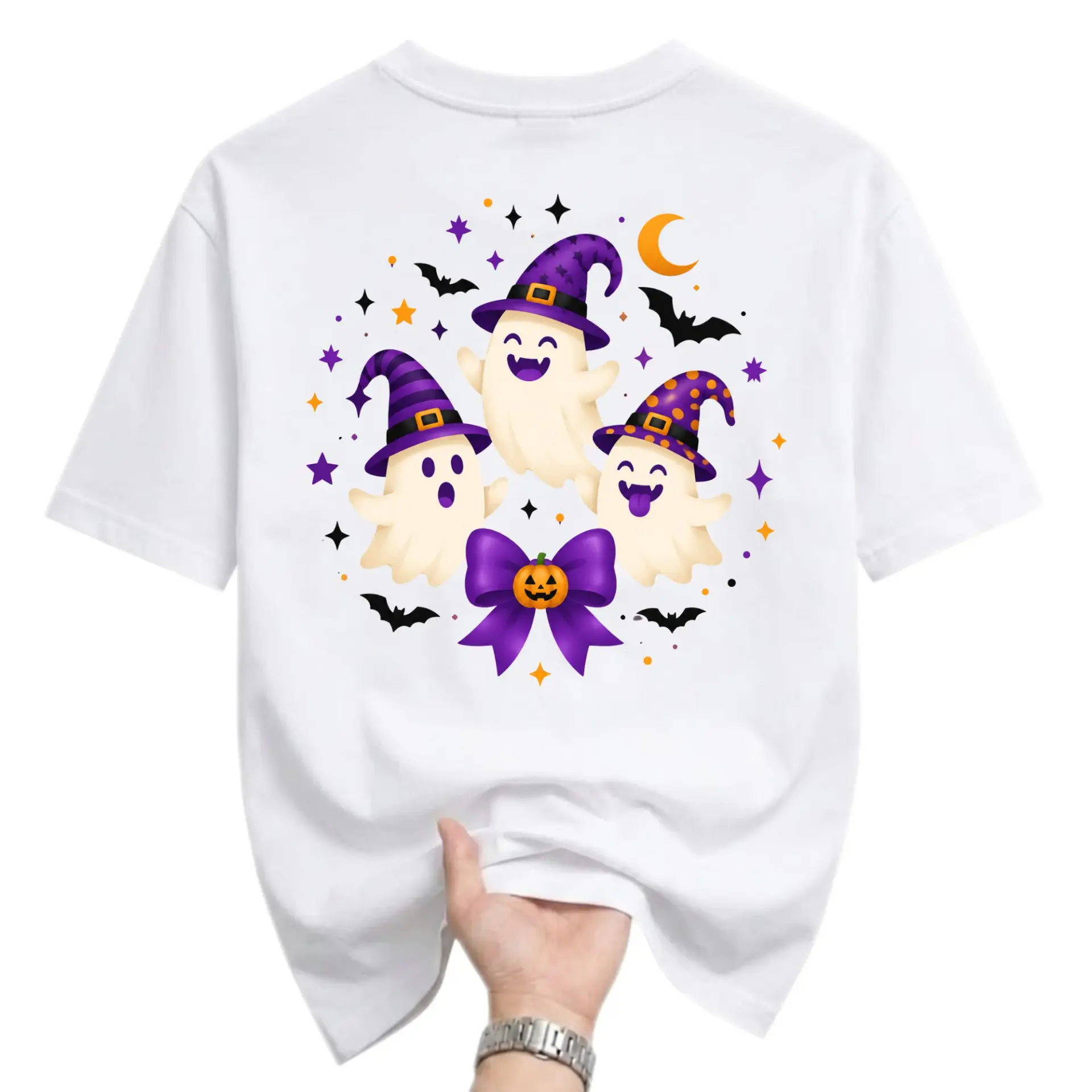 Graphic Tee Cute Ghosts with Witch Hats Halloween Illustration Unisex Short Sleeve Crew Neck Casual Cotton Shirt
