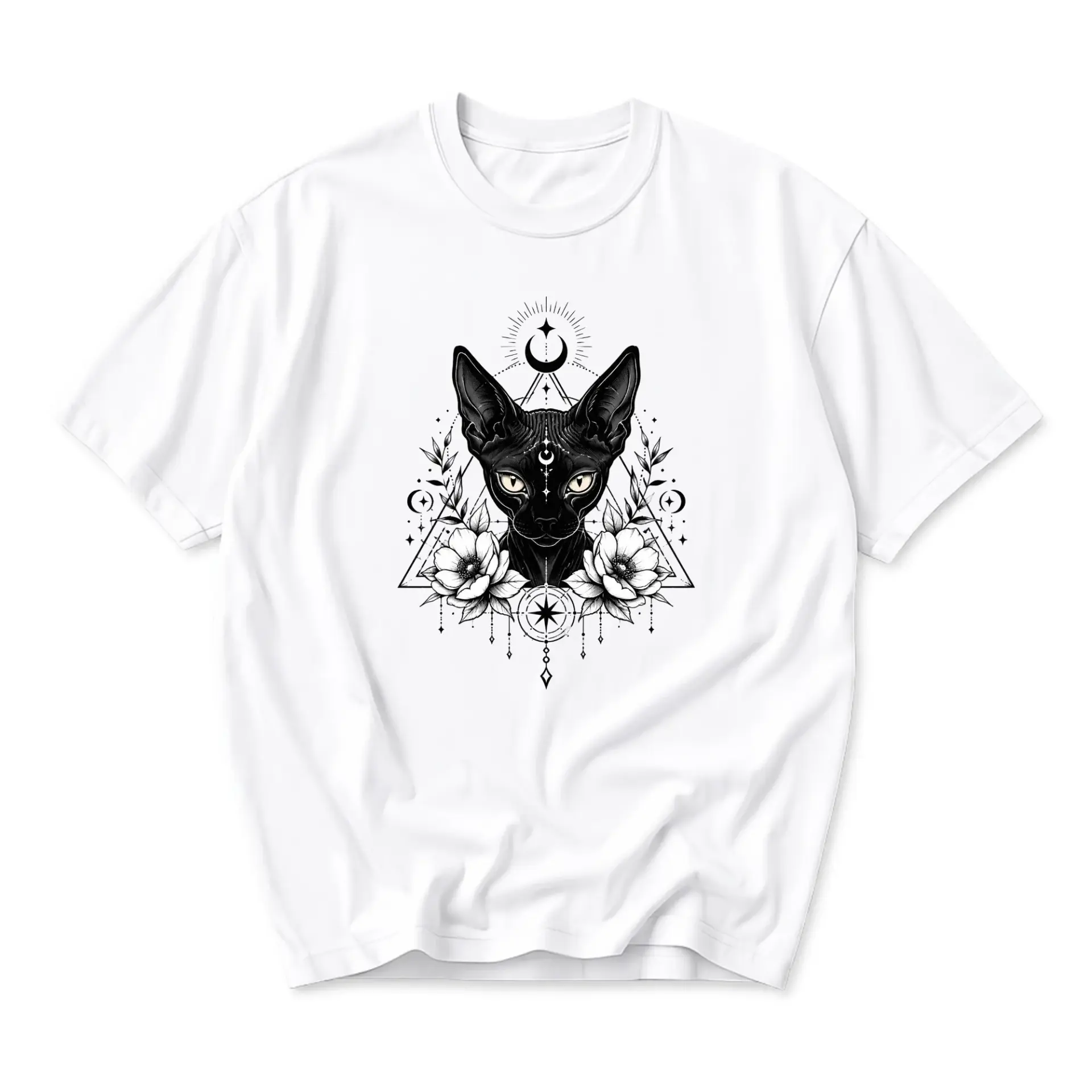 Graphic Tee Unisex Celestial Sphynx Cat Illustration Printed Crew Neck Short Sleeve Soft Casual Cotton Blend Shirt