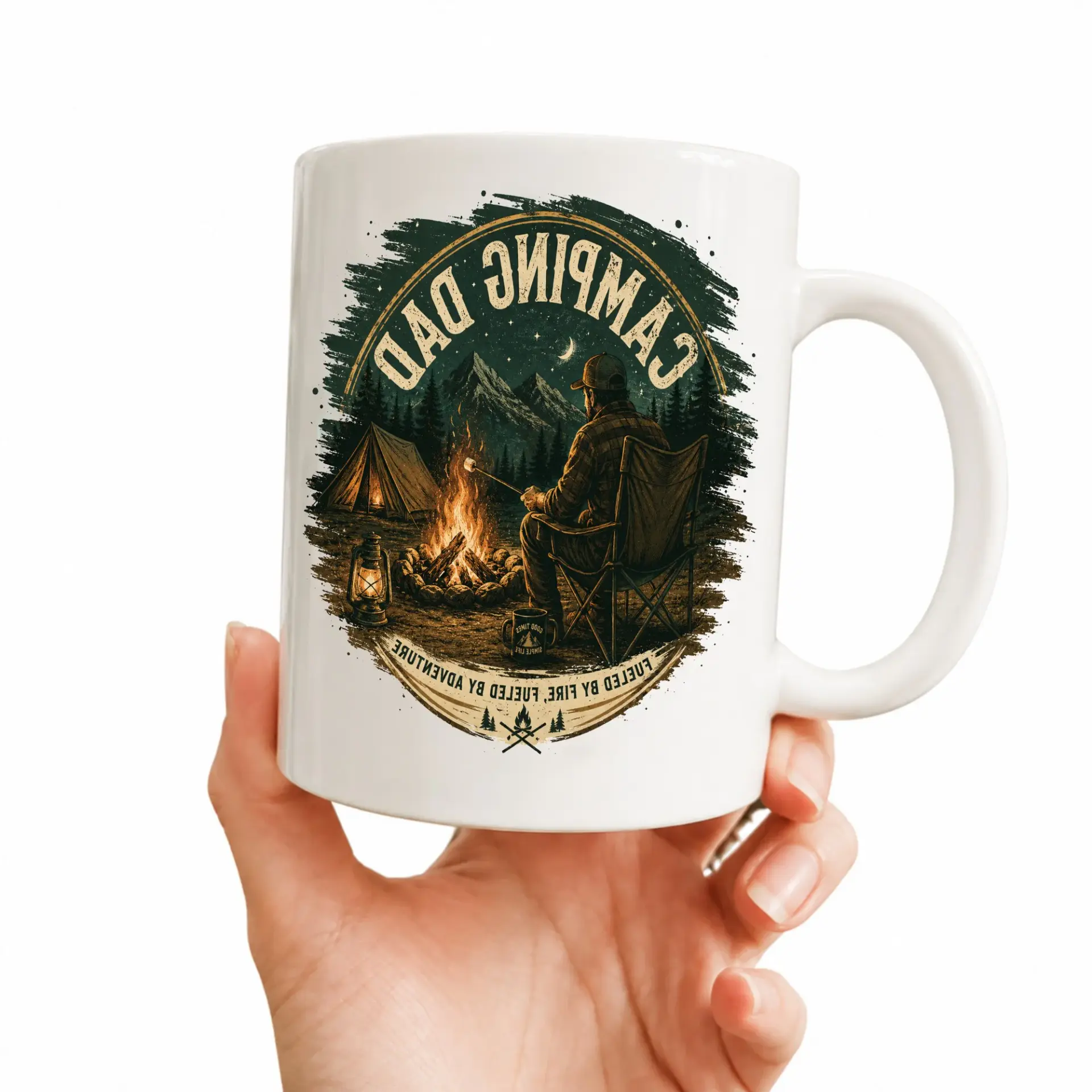 Outdoor Adventure Coffee Mug Featuring Camping Dad Design with Campfire Illustration for Enthusiasts of Wilderness Travel