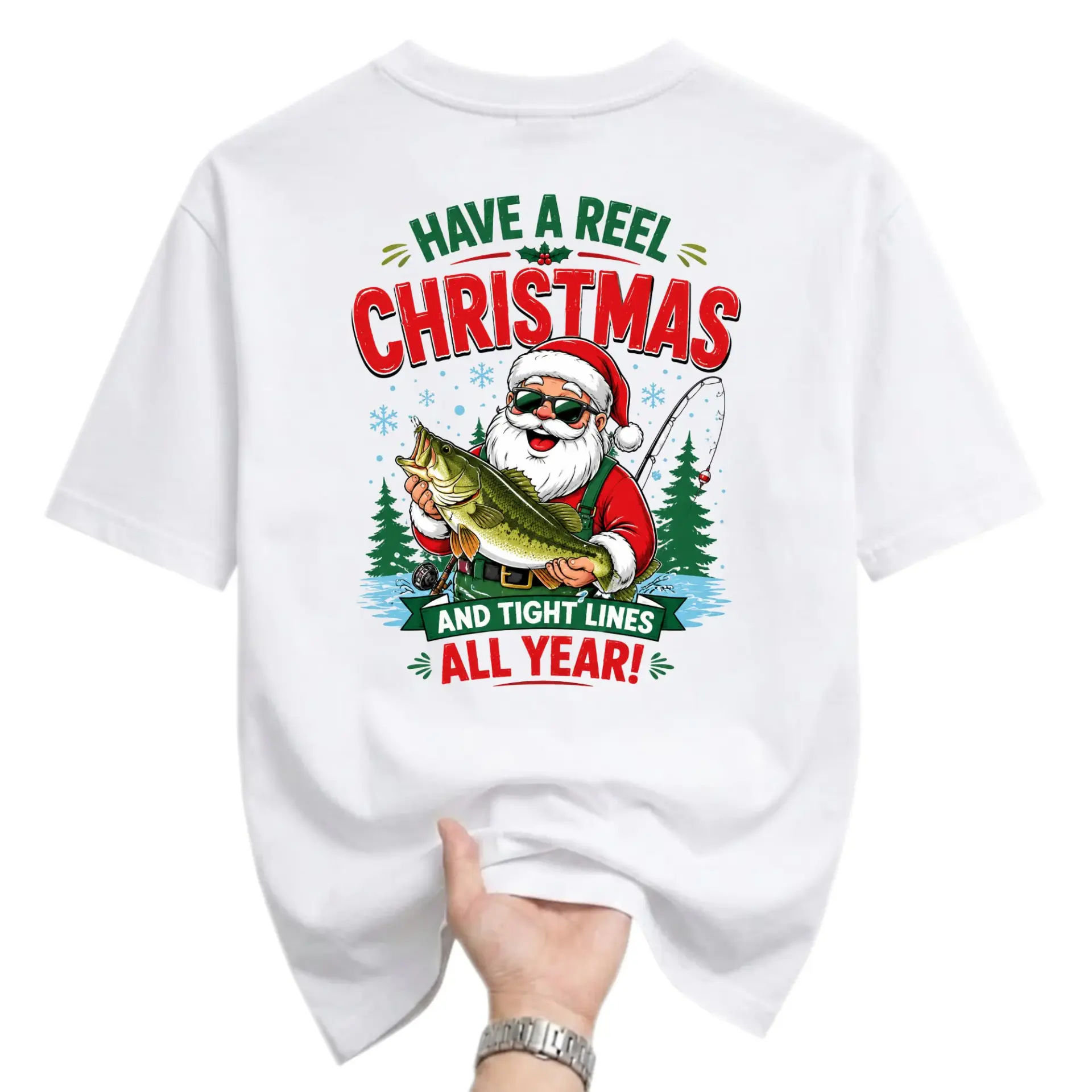 Funny Shirt Have a Reel Christmas Fishing Santa Graphic Tee Holiday Festive
