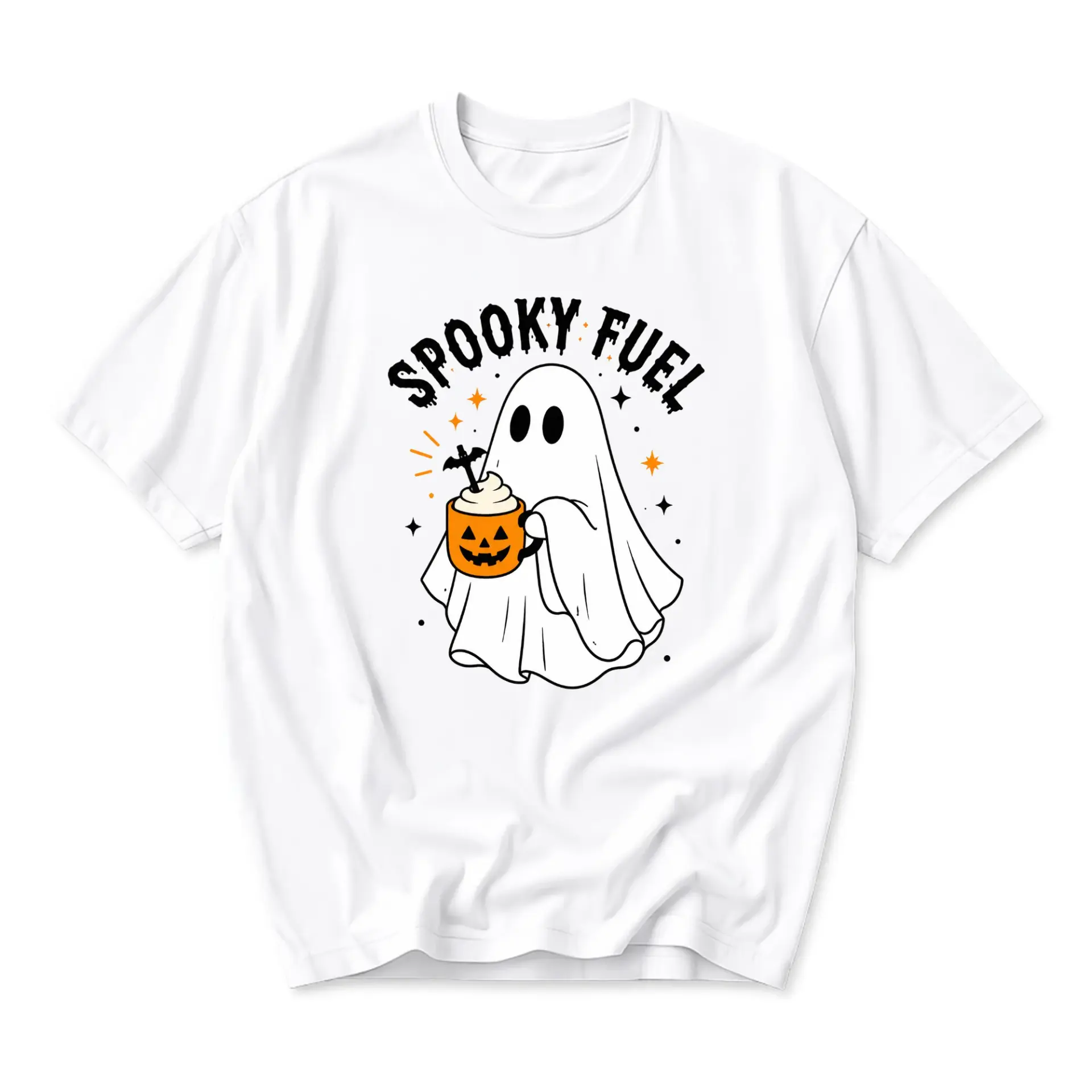 Funny Shirt Spooky Fuel Ghost Drinking Pumpkin Mug Graphic Tee Retro Halloween Unisex Cotton Crew Neck Casual Top