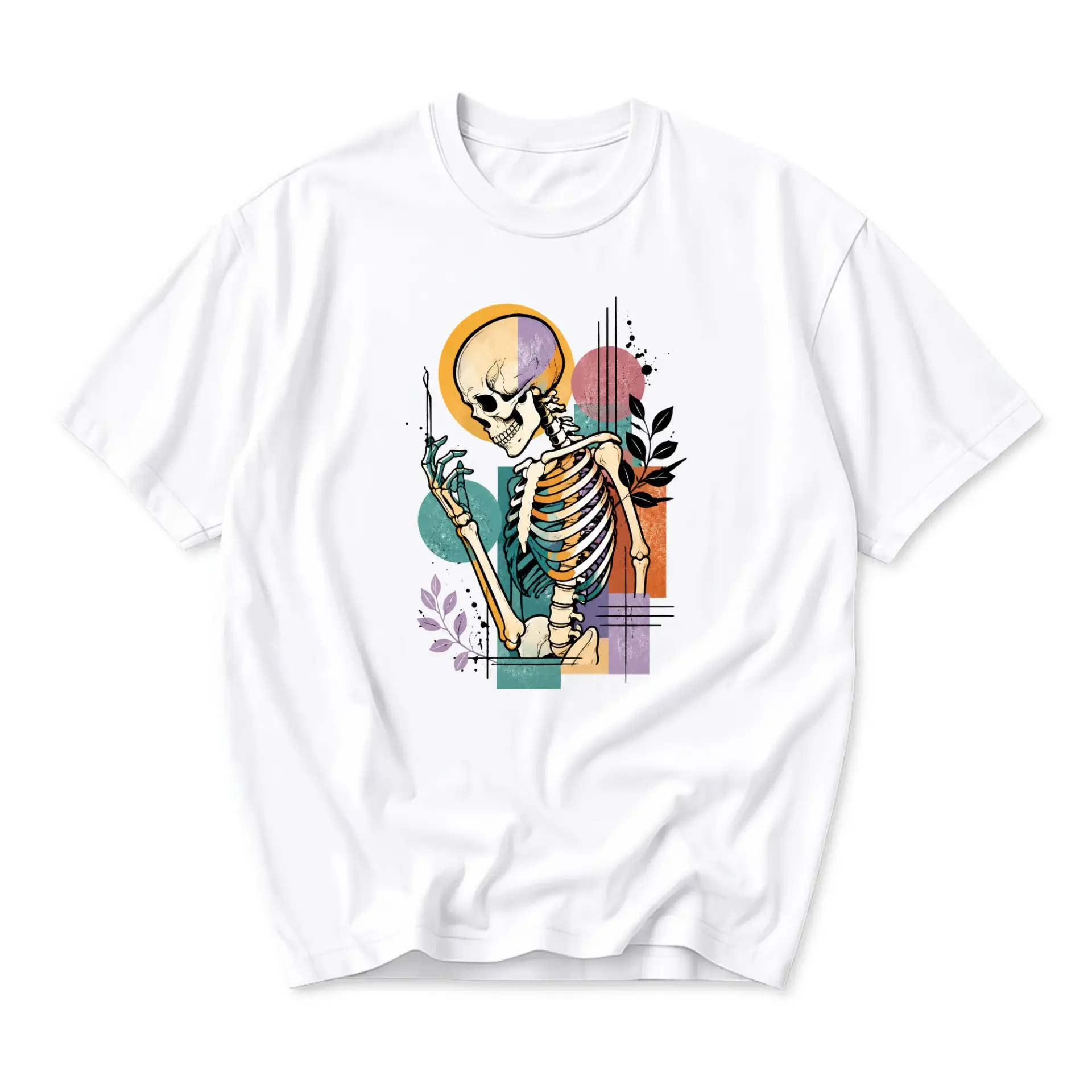 Graphic Tee Unisex Skeleton Floral Abstract Art Print Short Sleeve Cotton Crew Neck Everyday Casual Clothing White Shirt