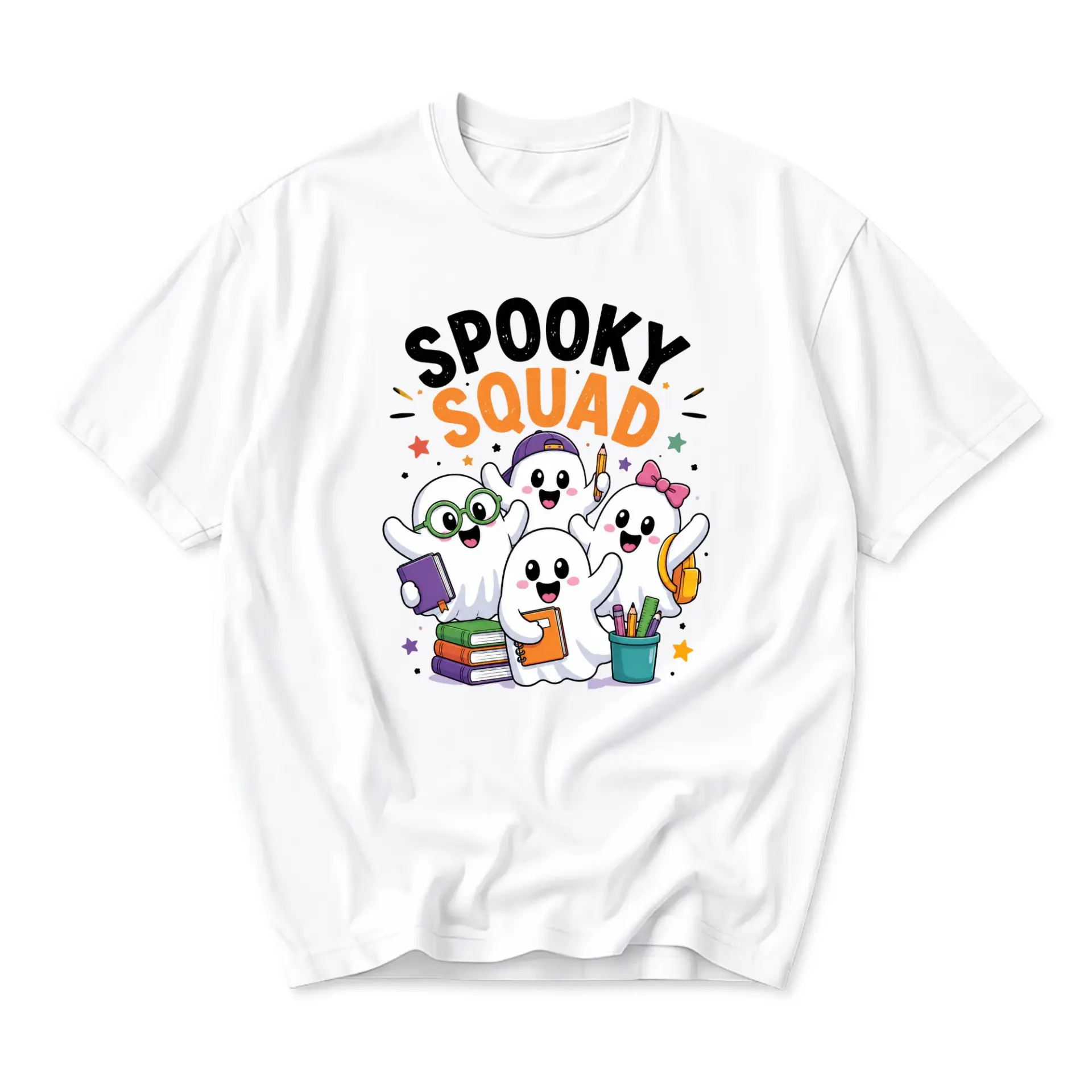 Graphic Tee Spooky Squad Cute Ghost Friends Illustration Unisex Crew Neck Soft Cotton Blend Everyday Casual T-Shirt