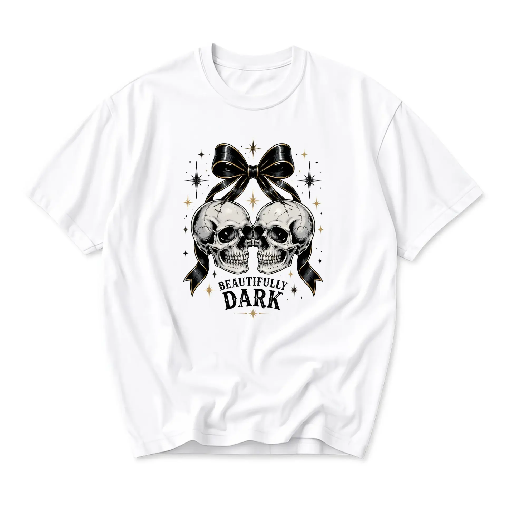 Graphic Tee Beautifully Dark Skull Bow Illustration Unisex Crew Neck Short Sleeve Cotton Casual Everyday Shirt