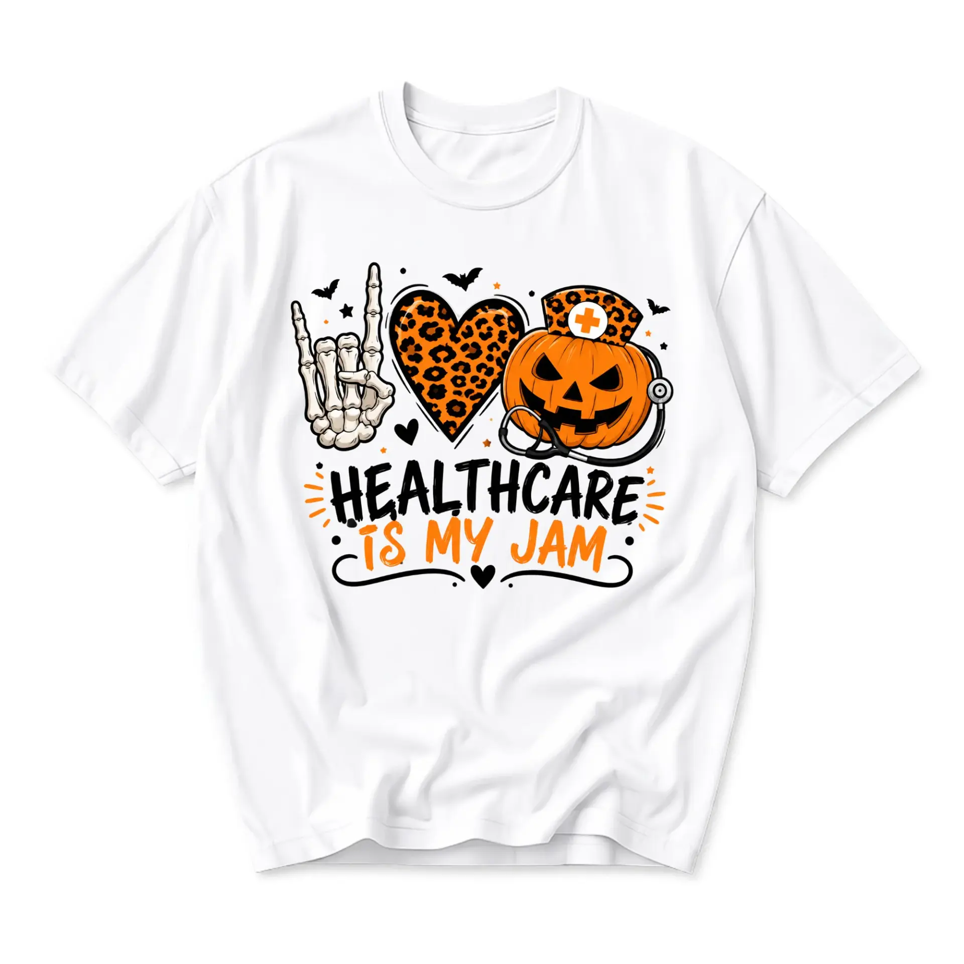 Graphic Tee Healthcare Is My Jam Halloween Skeleton Hand Pumpkin Nurse Theme Unisex Short Sleeve Crew Neck T-Shirt